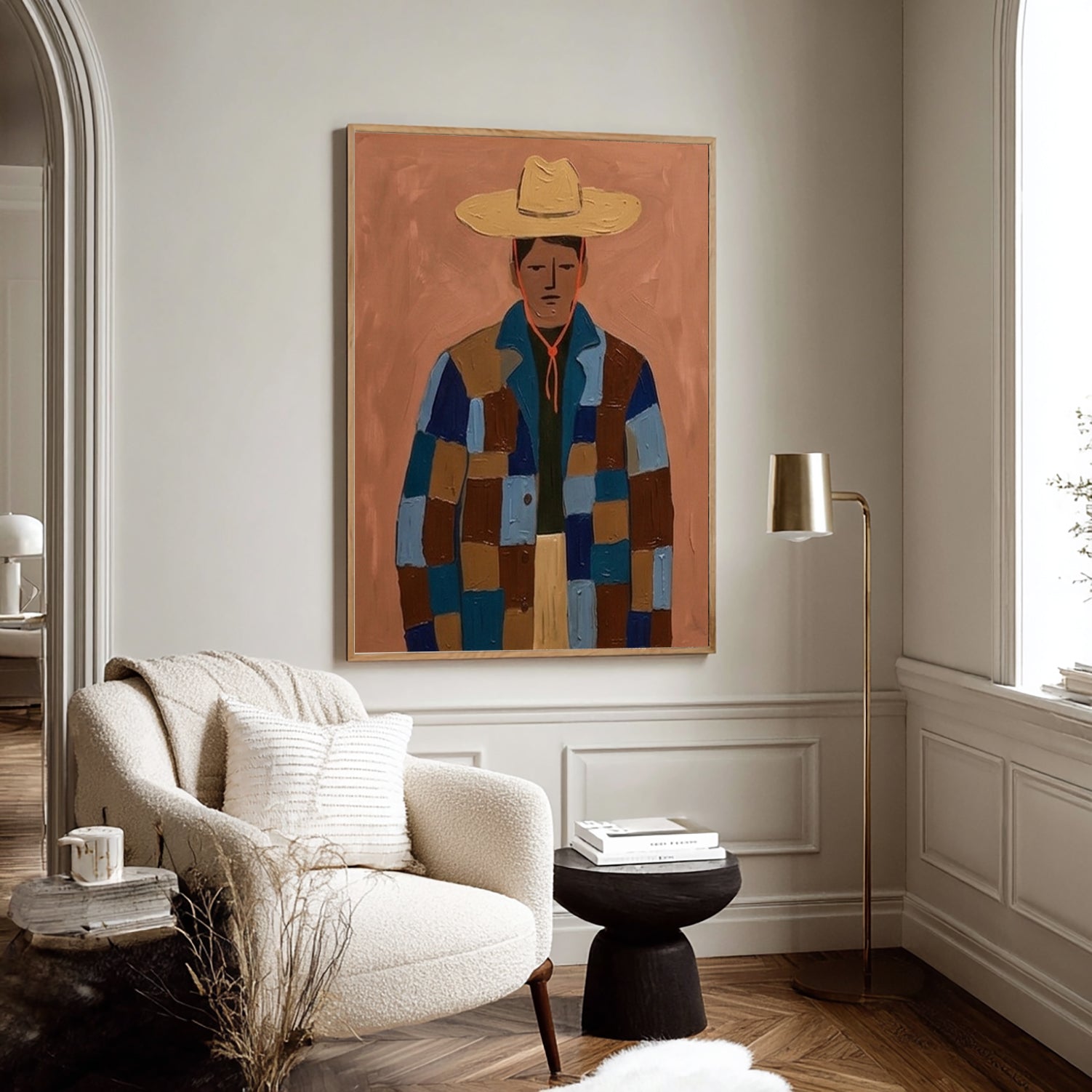 Modern Portrait Oil Painting , Abstract Man in Patchwork Jacket Canvas Art, Japandi Wall Decor