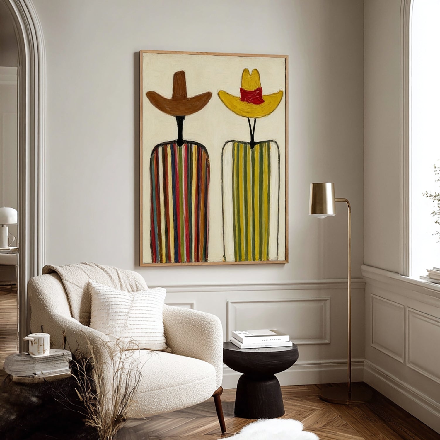 Modern Abstract Cowboy Oil Painting - Hand-Painted Minimalist Figures in Sombreros