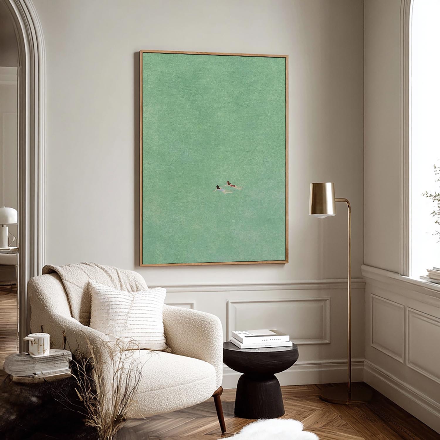 two girls swimming painting,Swimming Drawing Large green wall art, Green Minimalist Painting
