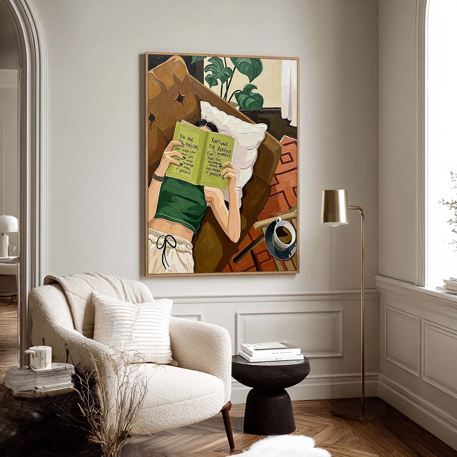 Textured Oil Painting Girl Reading Book with Quote, Modern Impasto Wall Art