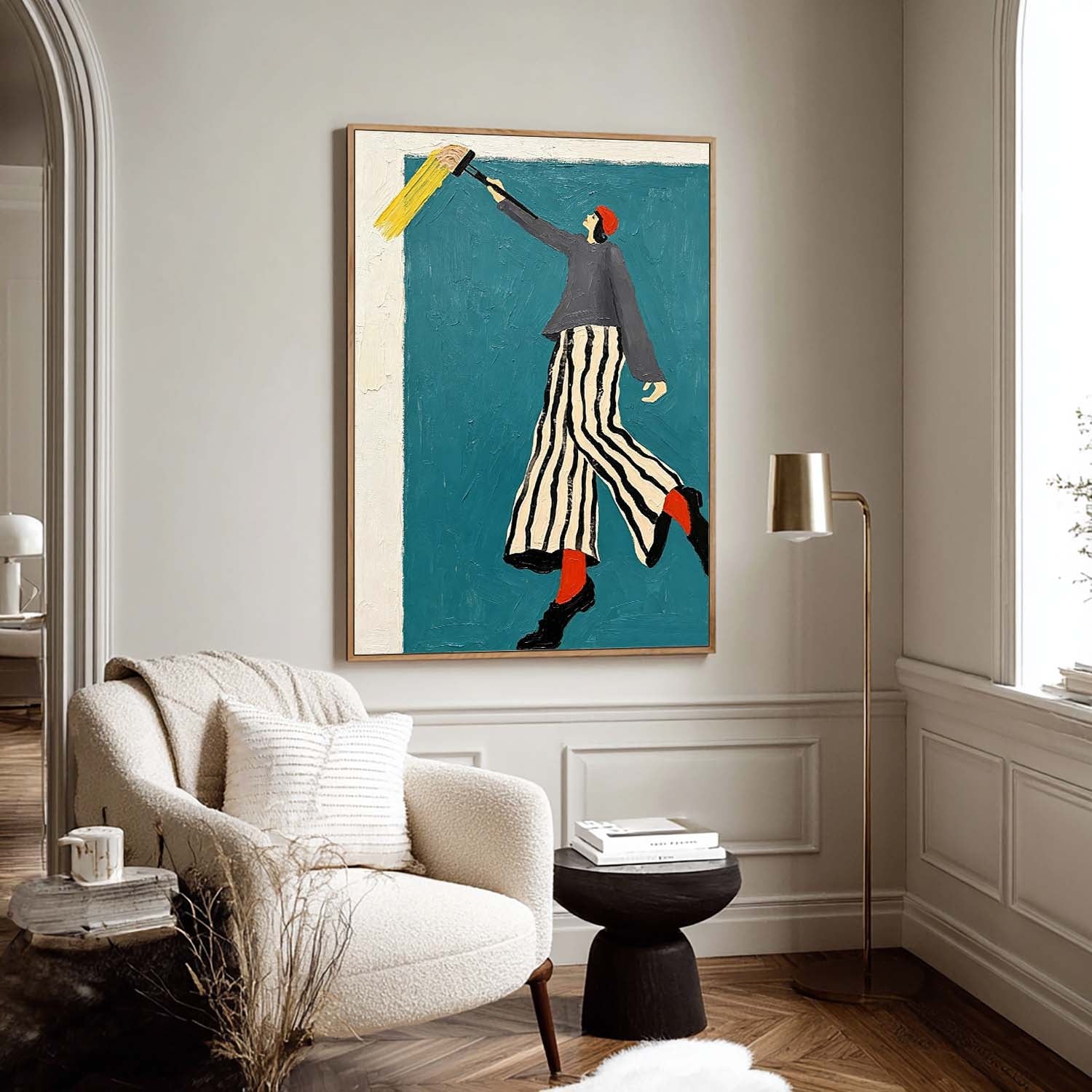 Modern Fashion Wall Art – Woman in Striped Skirt & Red Socks Canvas Painting – Chic Minimalist Home Decor, Stylish Canvas Artwork
