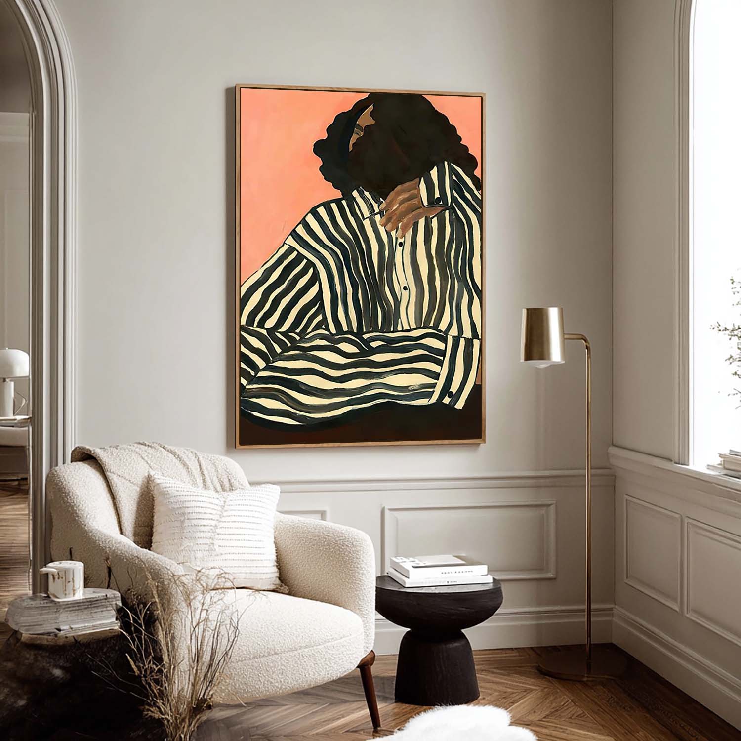 Chic Abstract Canvas Painting – Woman in Striped Shirt – Minimalist Modern Wall Art for Home