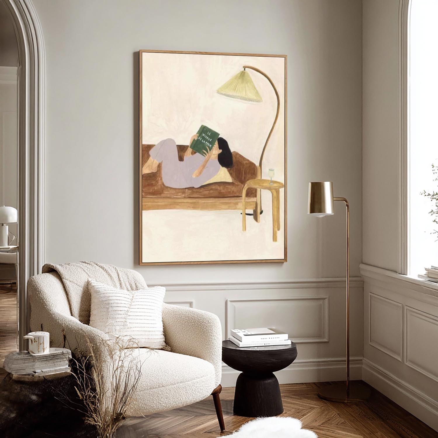 Modern Figurative Canvas Decor, Aesthetic Woman on Sofa, Neutral Tone Art