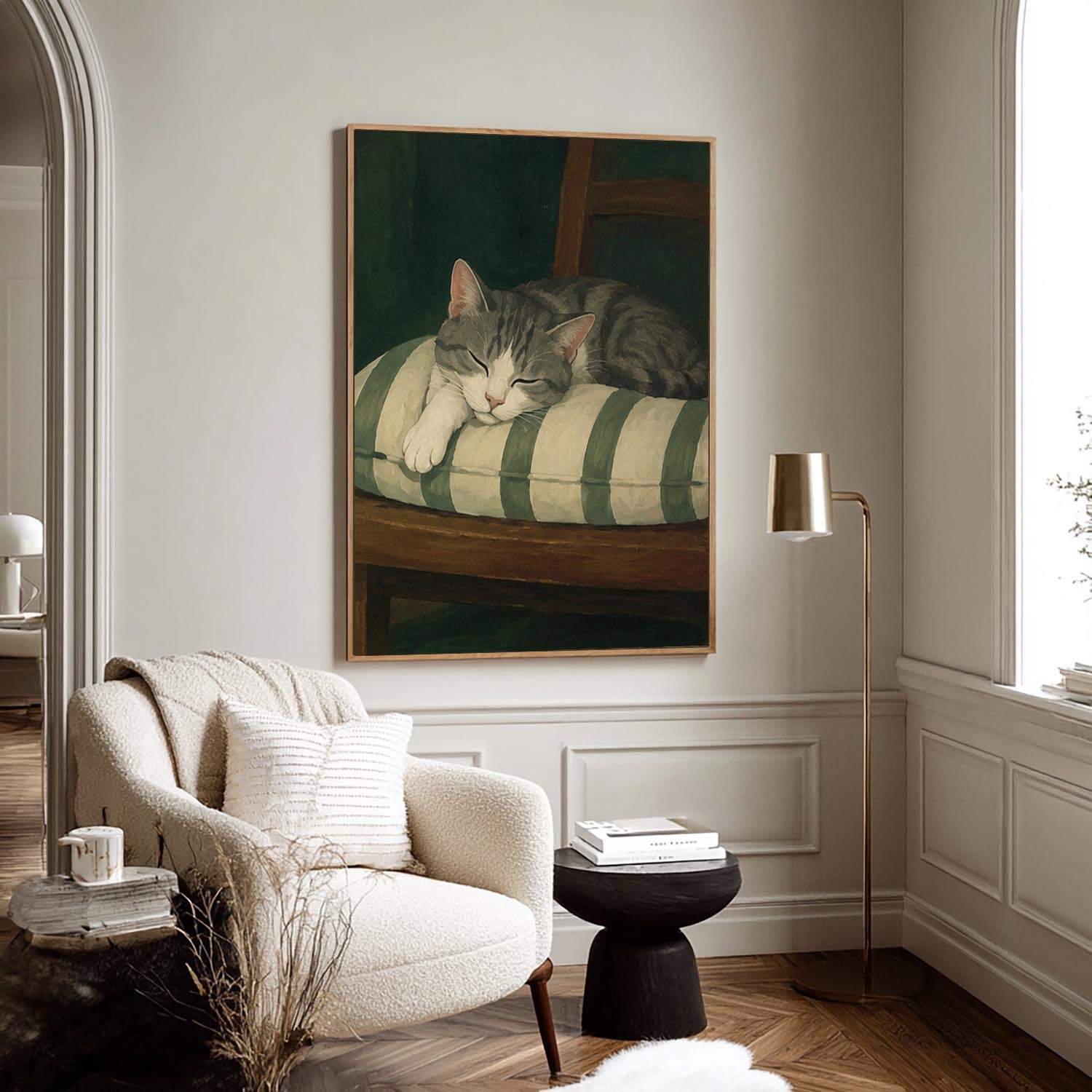 Mid-century Modern Sleeping Cat Oil Painting Modern Wabi-Sabi Style Pet Portrait art