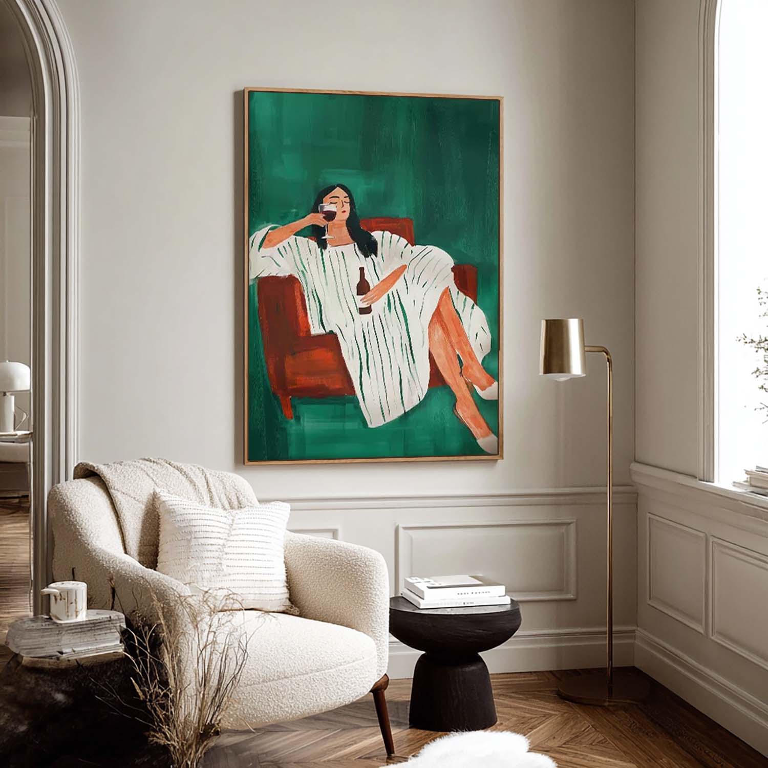 Modern Abstract Woman Lying on Sofa Art, Hand-Painted Green & White Stripes Decor