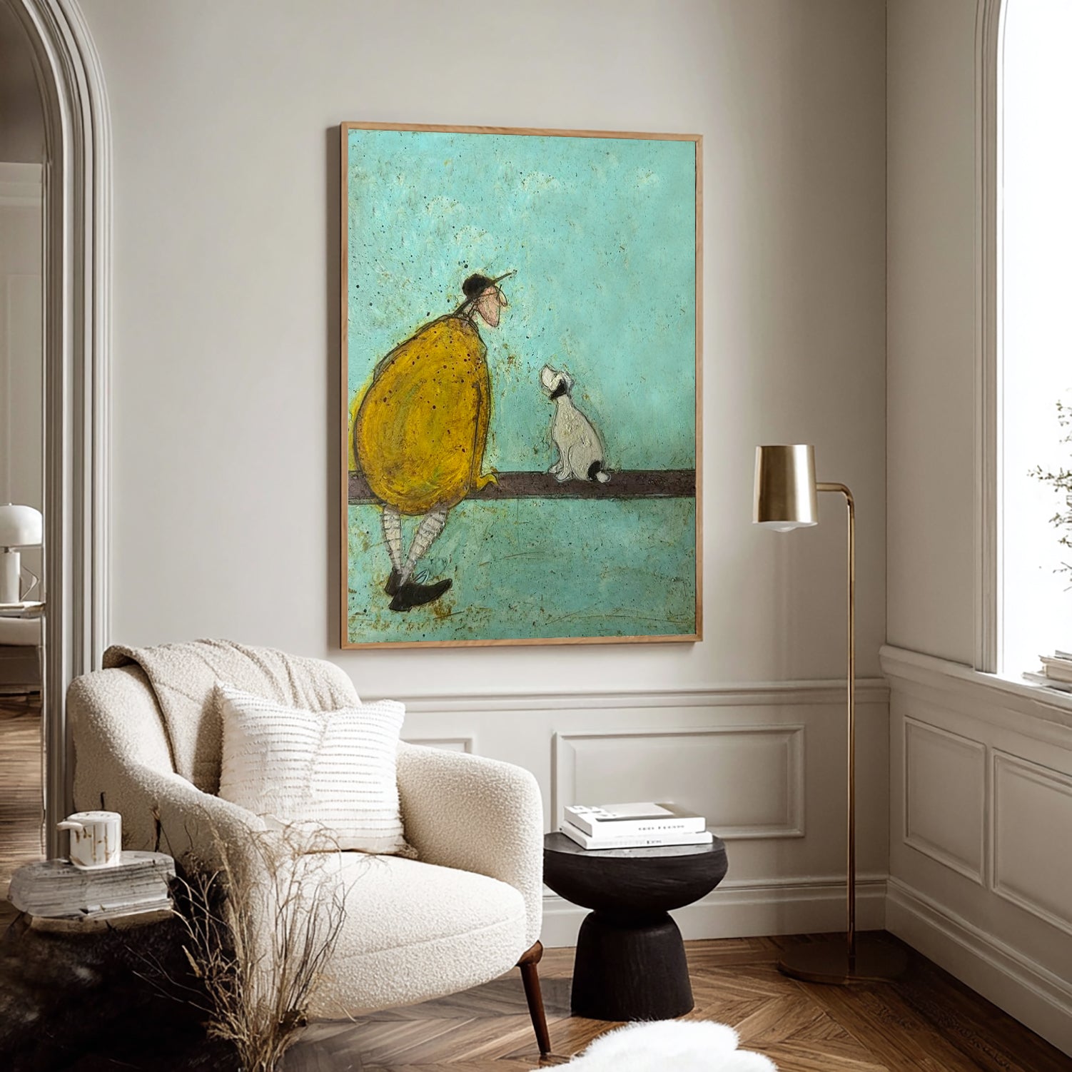 Whimsical Man and Loyal Dog Canvas Wall Art - Modern Minimalist Palette Knife Oil Painting for Living Room