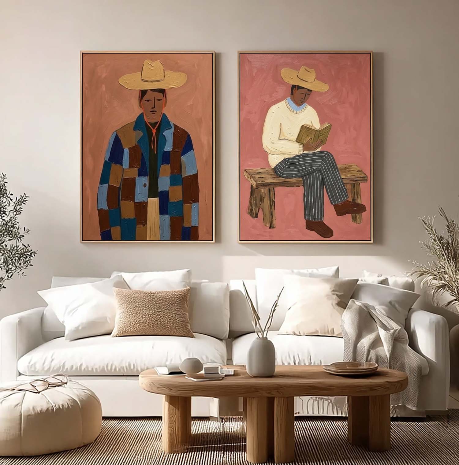 Hand-Painted Folk Modernist Oil Painting - Retro Male Portrait Set - Mid-Century Rustic Wall Decor