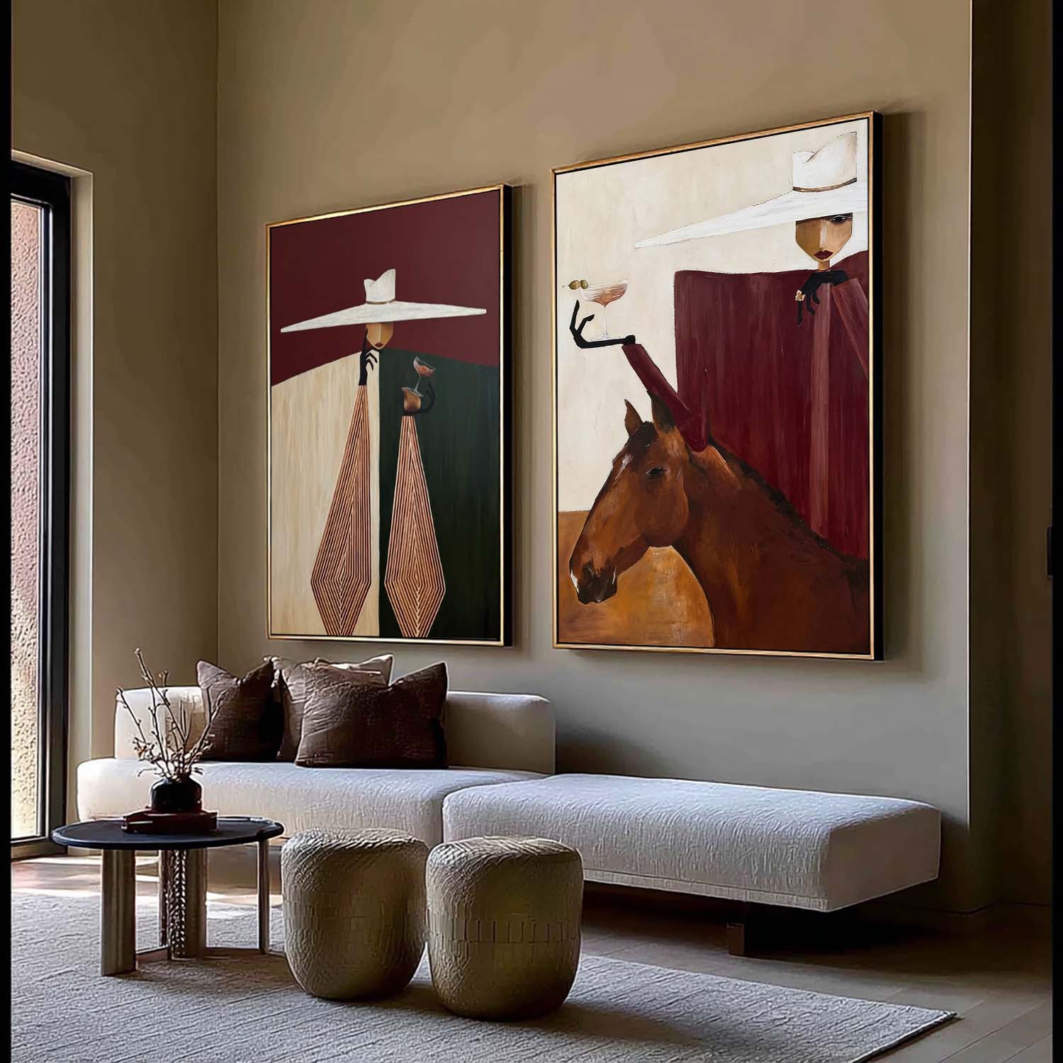 Mid-Century Modern Minimalist Figurative Oil Painting - Sophisticated Lady with Horse Canvas Wall Art