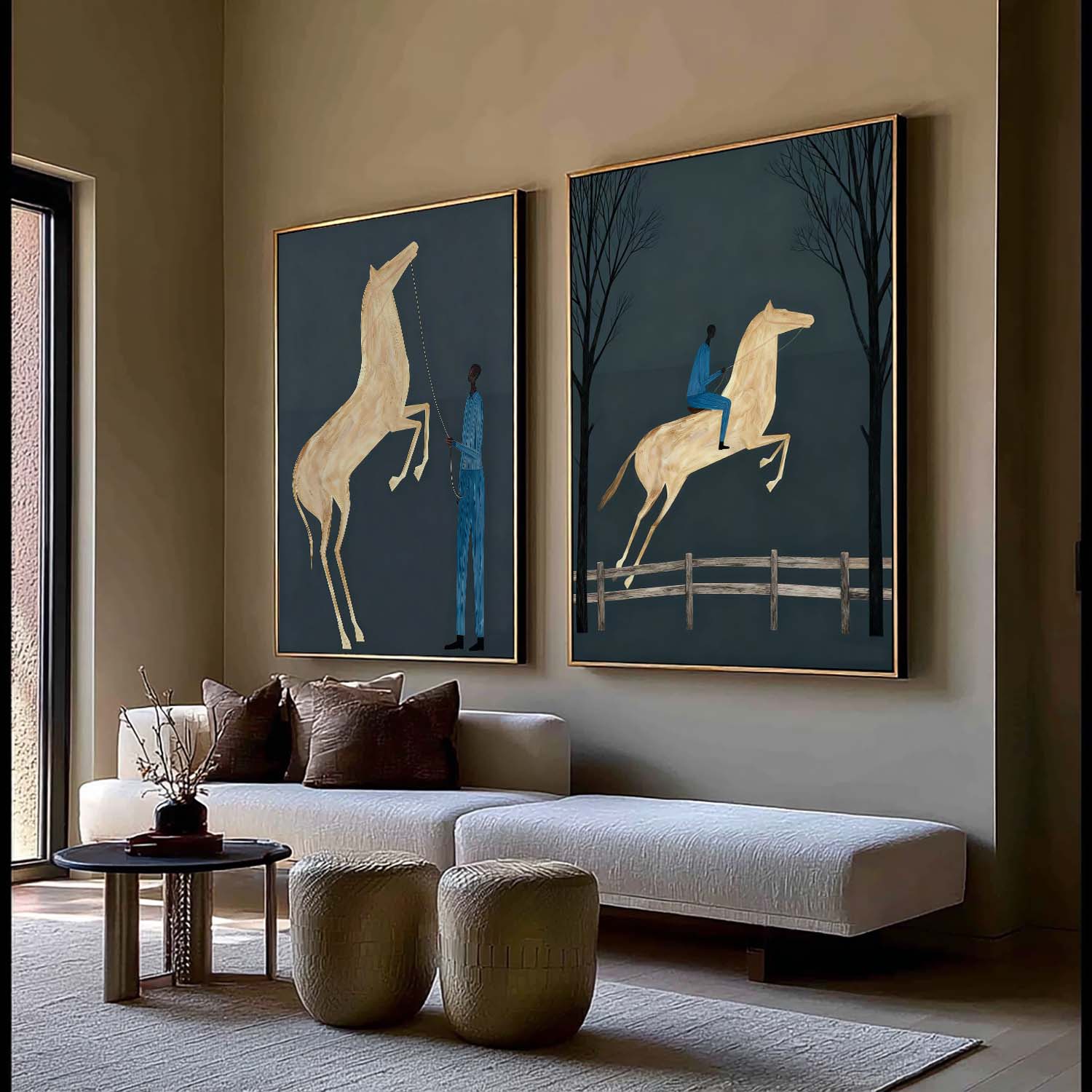 Modern Minimalist Equestrian Oil Painting Set - Deep Teal Horse Wall Art  for Living Room