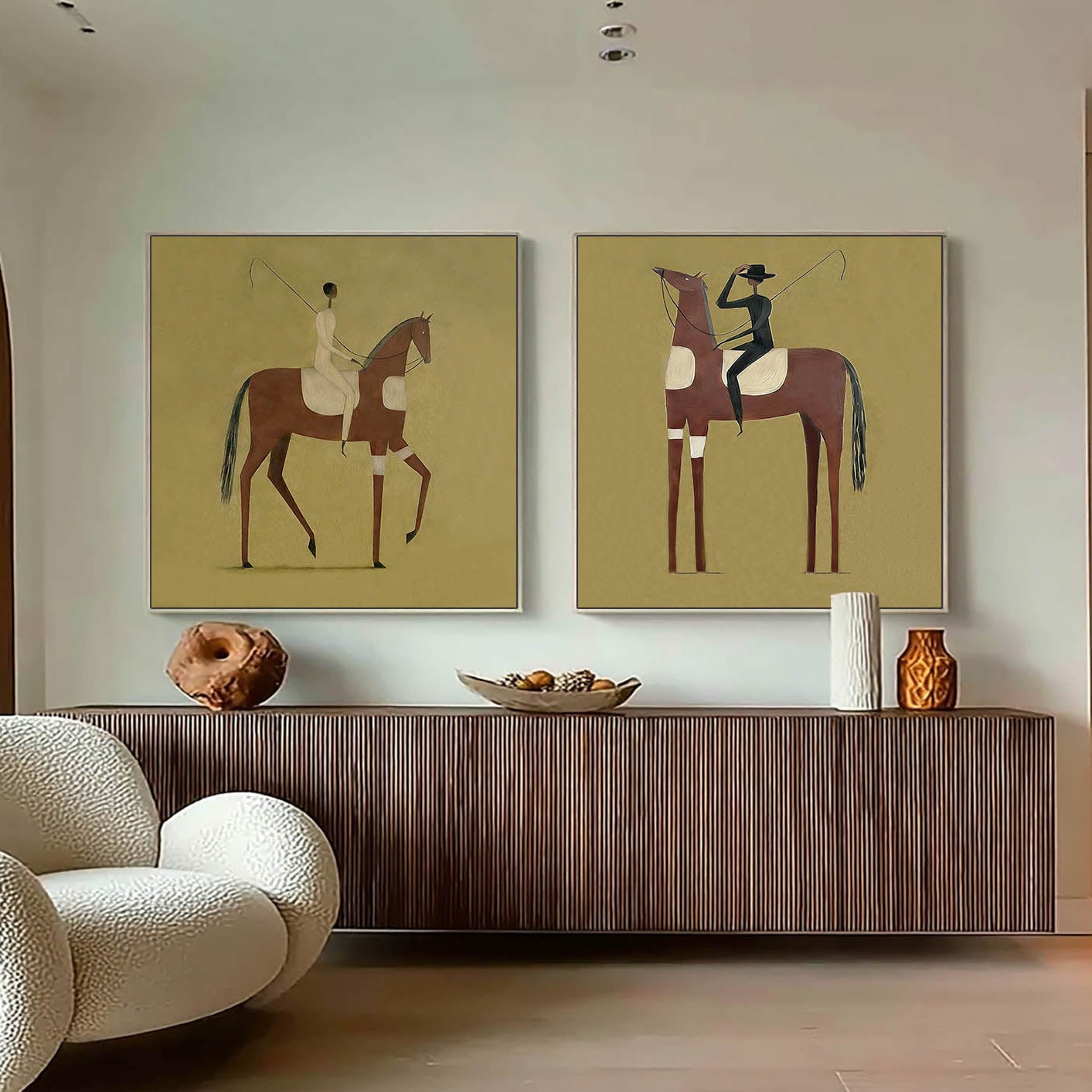 Hand-Painted Set of 2 Modern Equestrian Painting Minimalist Horse & Rider Canvas Art
