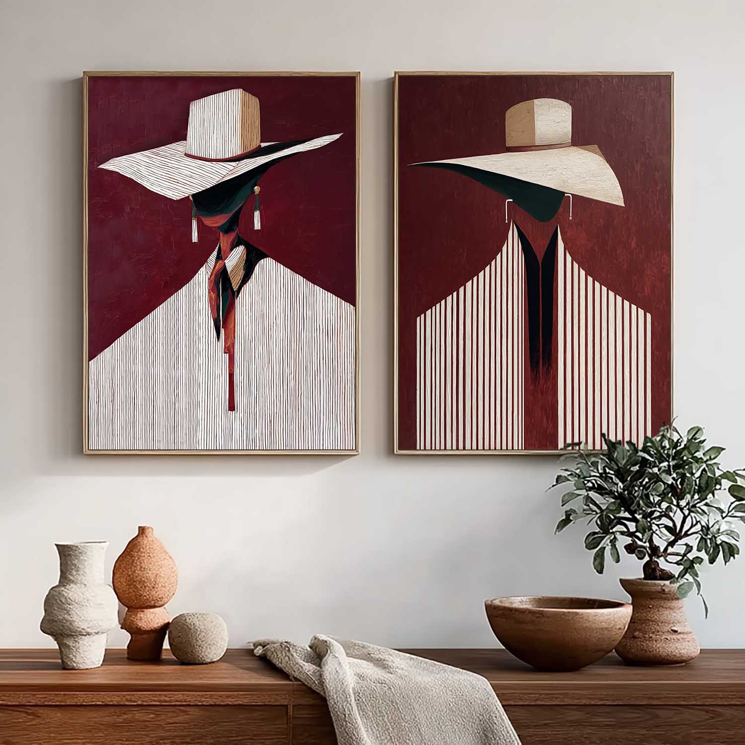 Mid-Century Modern Abstract Lady Oil Painting - Burgundy & Stripe Fashion Figurative Diptych 