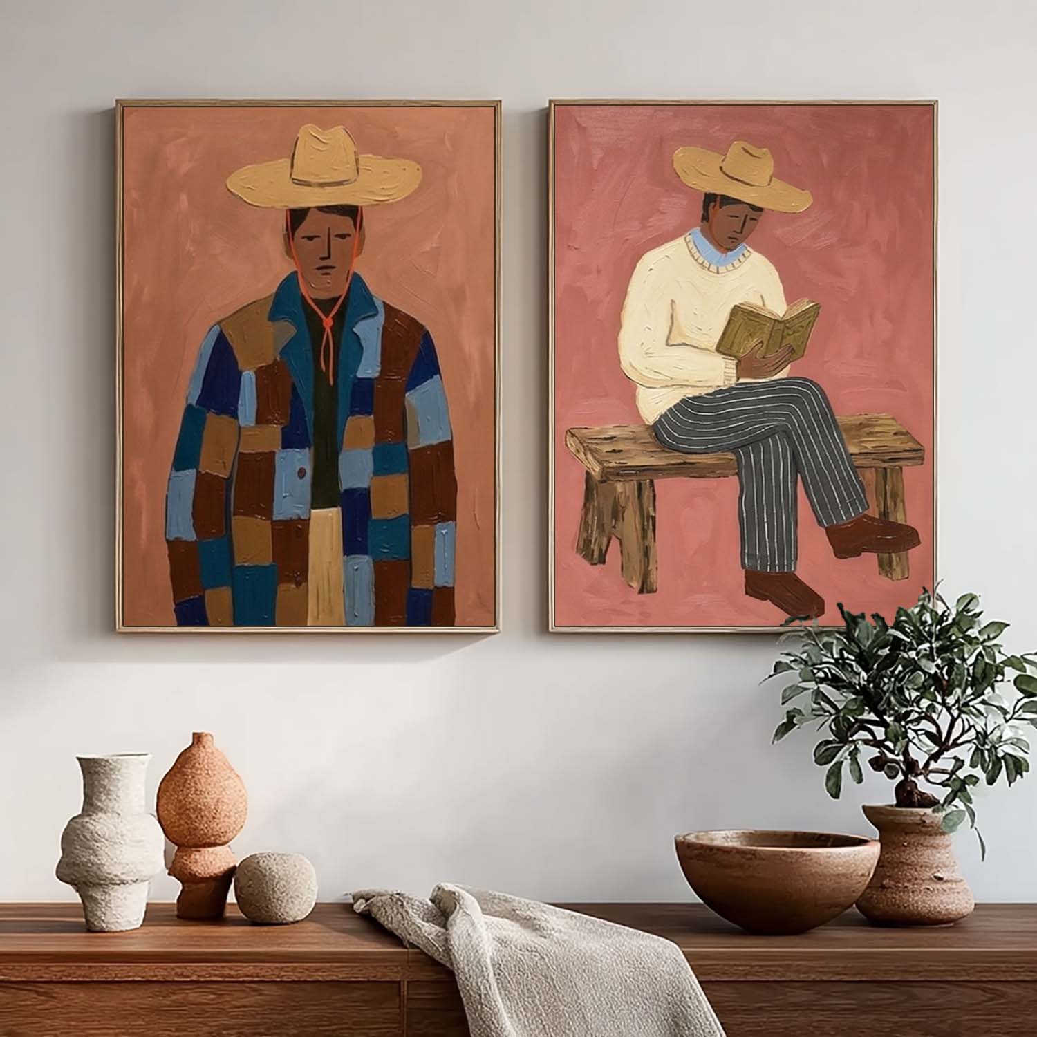 Hand-Painted Folk Modernist Oil Painting - Retro Male Portrait Set - Mid-Century Rustic Wall Decor