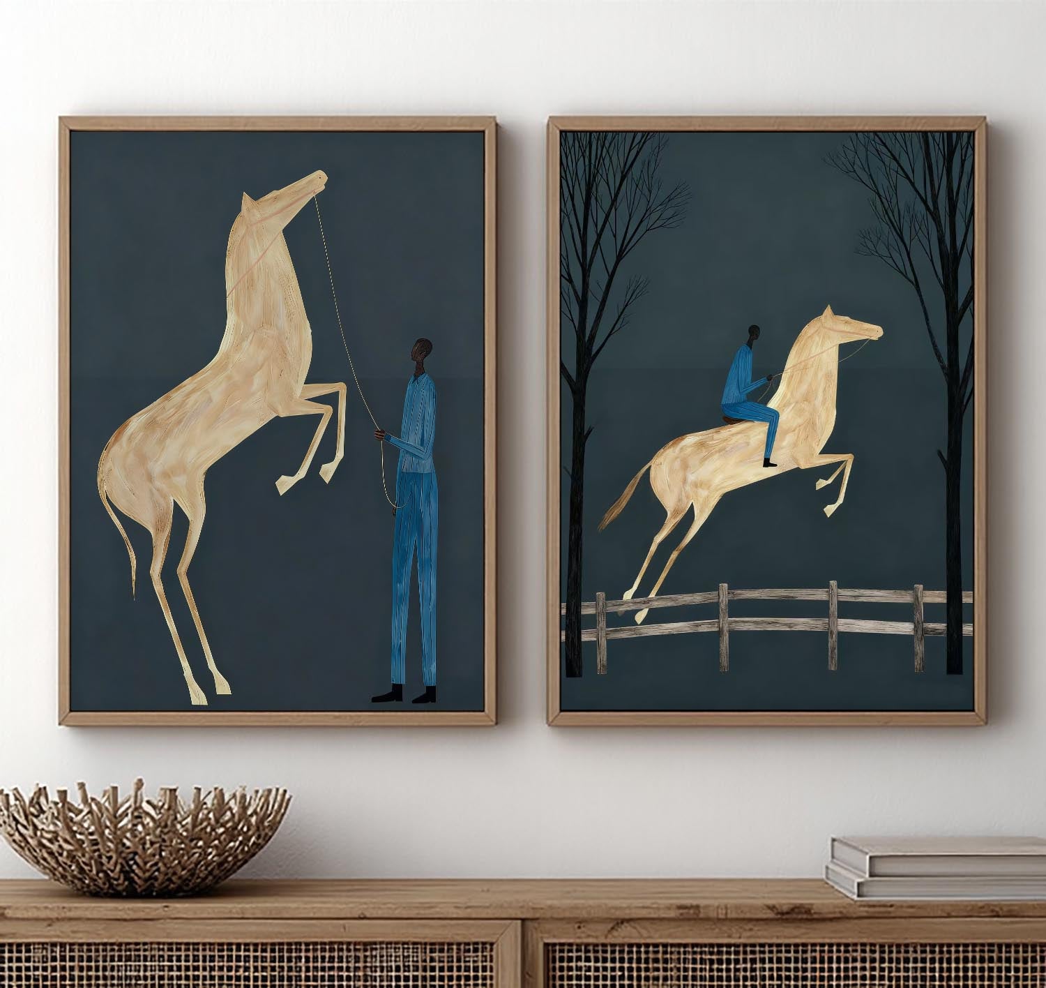 Modern Minimalist Equestrian Oil Painting Set - Deep Teal Horse Wall Art  for Living Room