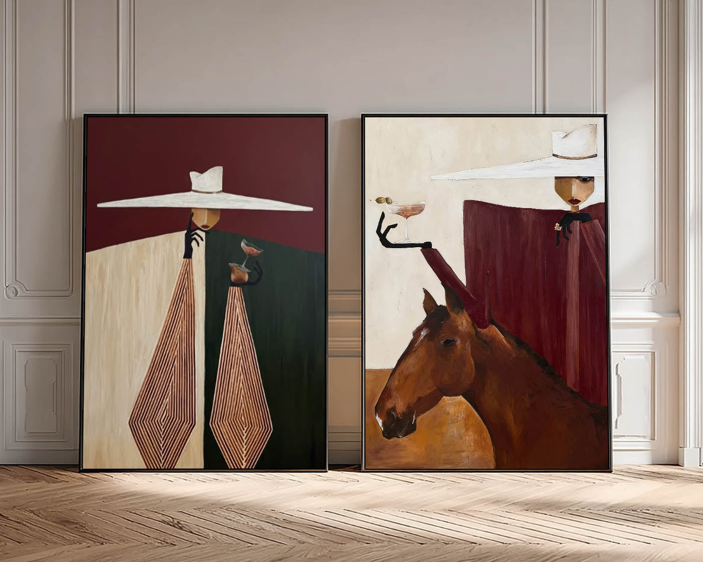 Mid-Century Modern Minimalist Figurative Oil Painting - Sophisticated Lady with Horse Canvas Wall Art