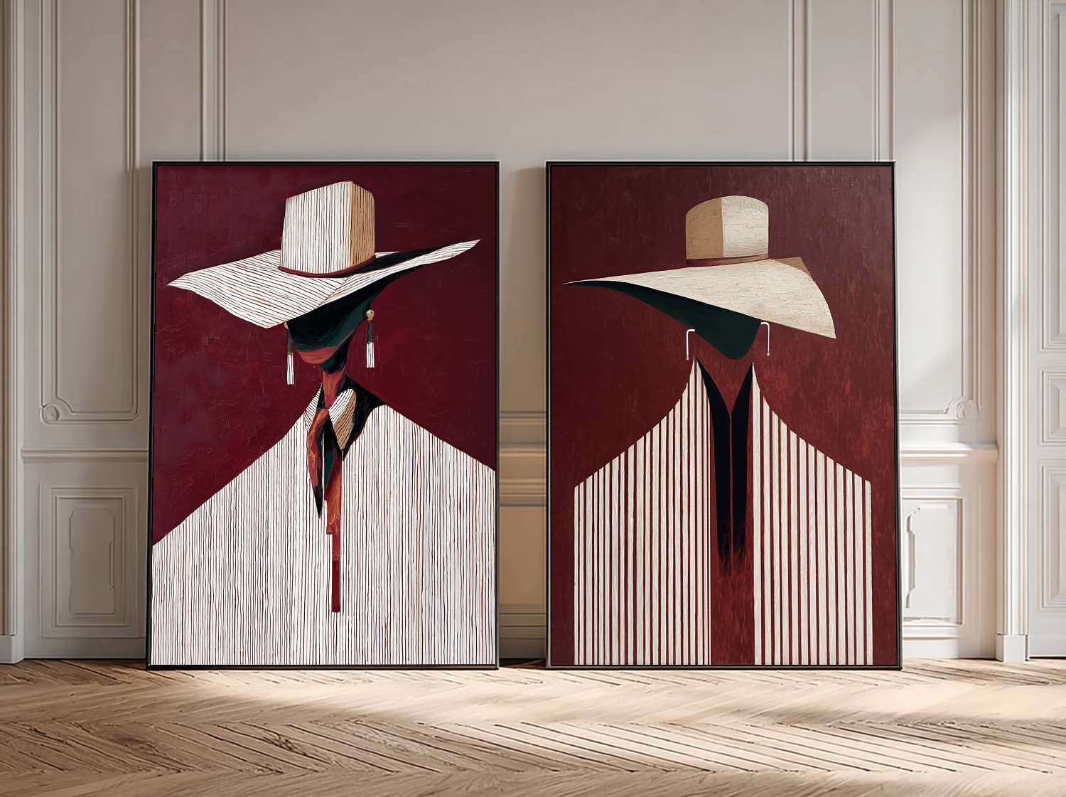 Mid-Century Modern Abstract Lady Oil Painting - Burgundy & Stripe Fashion Figurative Diptych 
