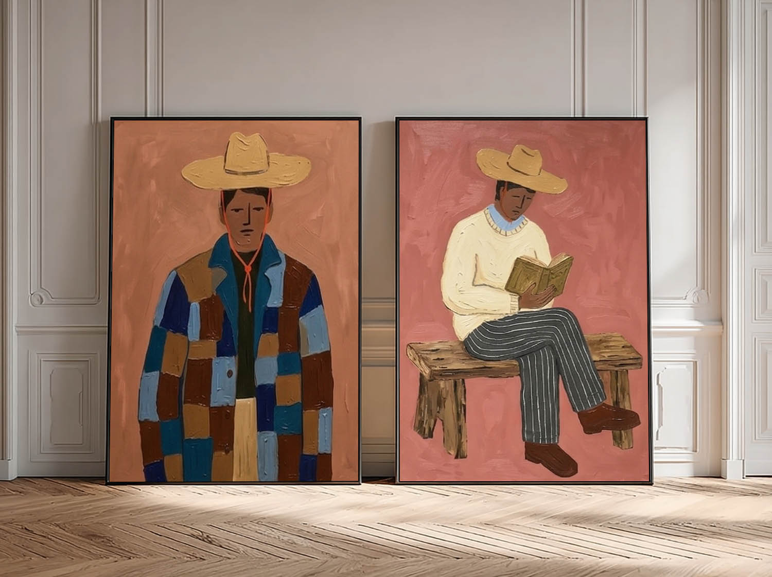 Hand-Painted Folk Modernist Oil Painting - Retro Male Portrait Set - Mid-Century Rustic Wall Decor