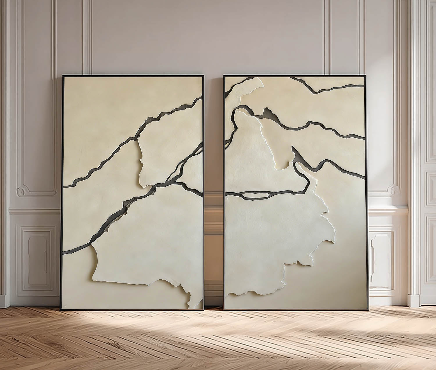 Handmade 2-Piece Wood Wall Art Set - Beige Abstract Wood Relief for Living Room