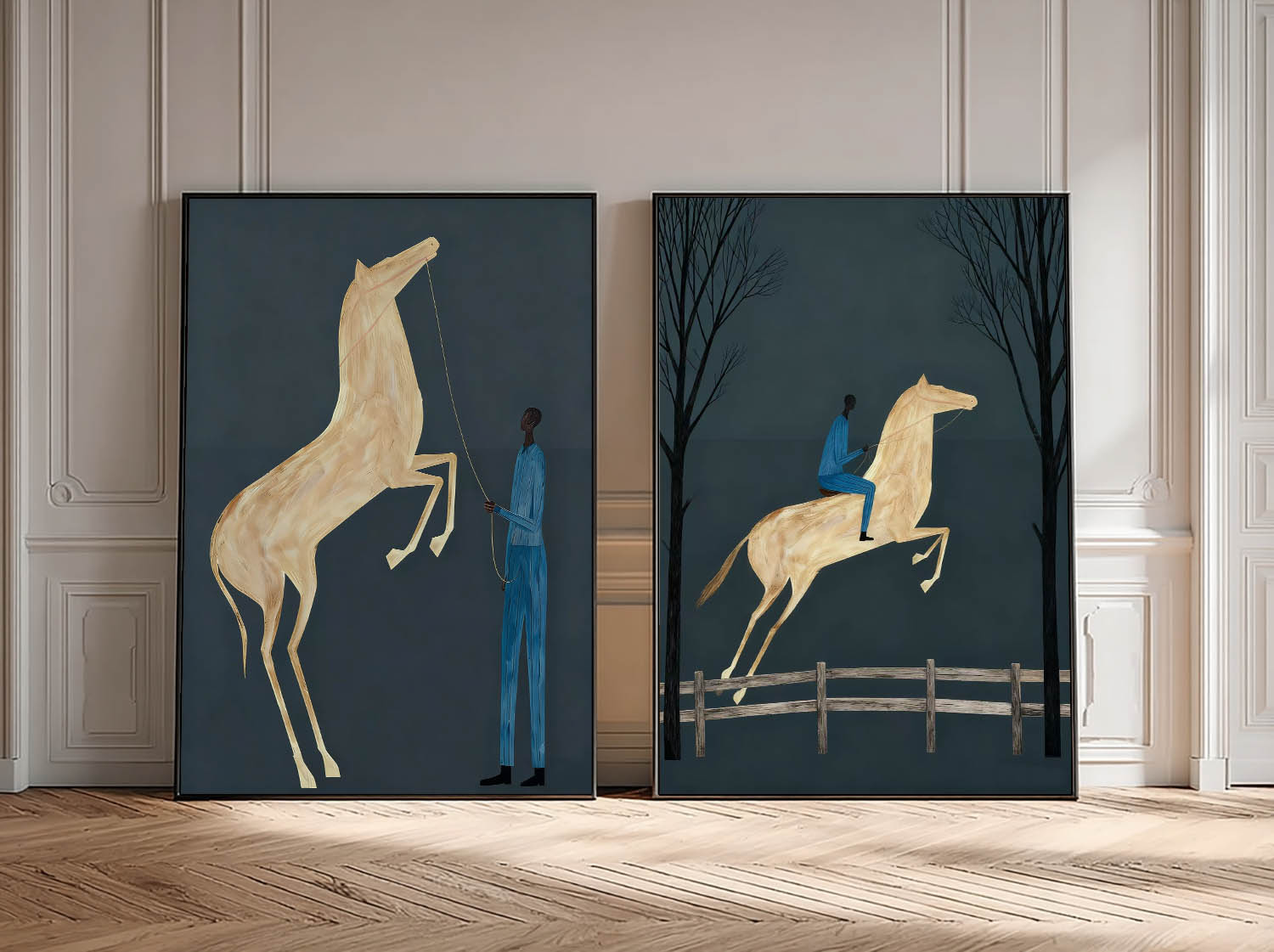 Modern Minimalist Equestrian Oil Painting Set - Deep Teal Horse Wall Art  for Living Room
