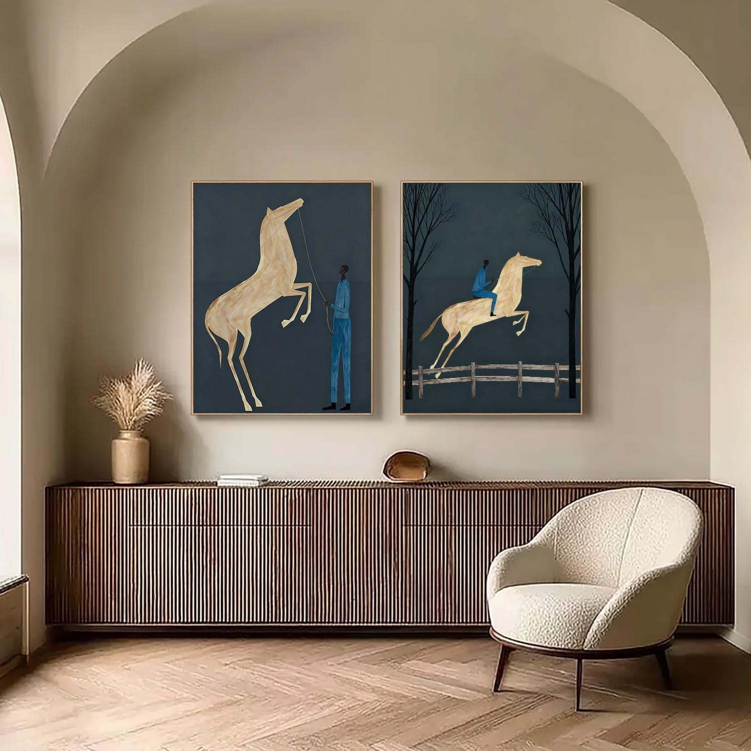 Modern Minimalist Equestrian Oil Painting Set - Deep Teal Horse Wall Art  for Living Room