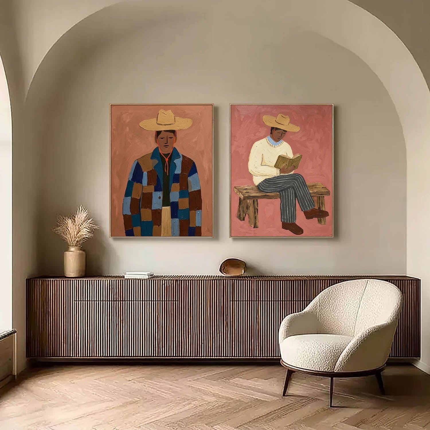 Hand-Painted Folk Modernist Oil Painting - Retro Male Portrait Set - Mid-Century Rustic Wall Decor