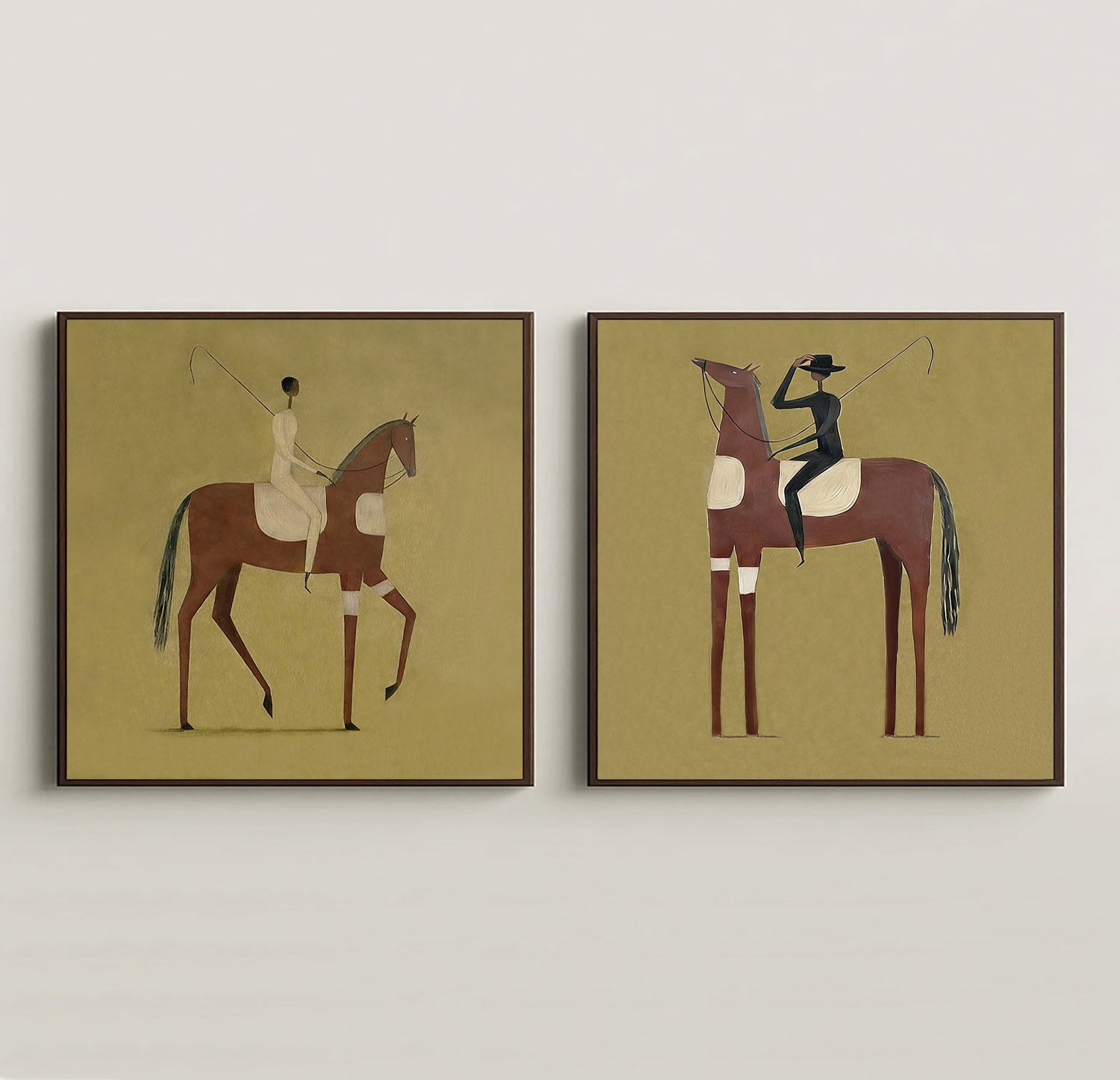 Hand-Painted Set of 2 Modern Equestrian Painting Minimalist Horse & Rider Canvas Art
