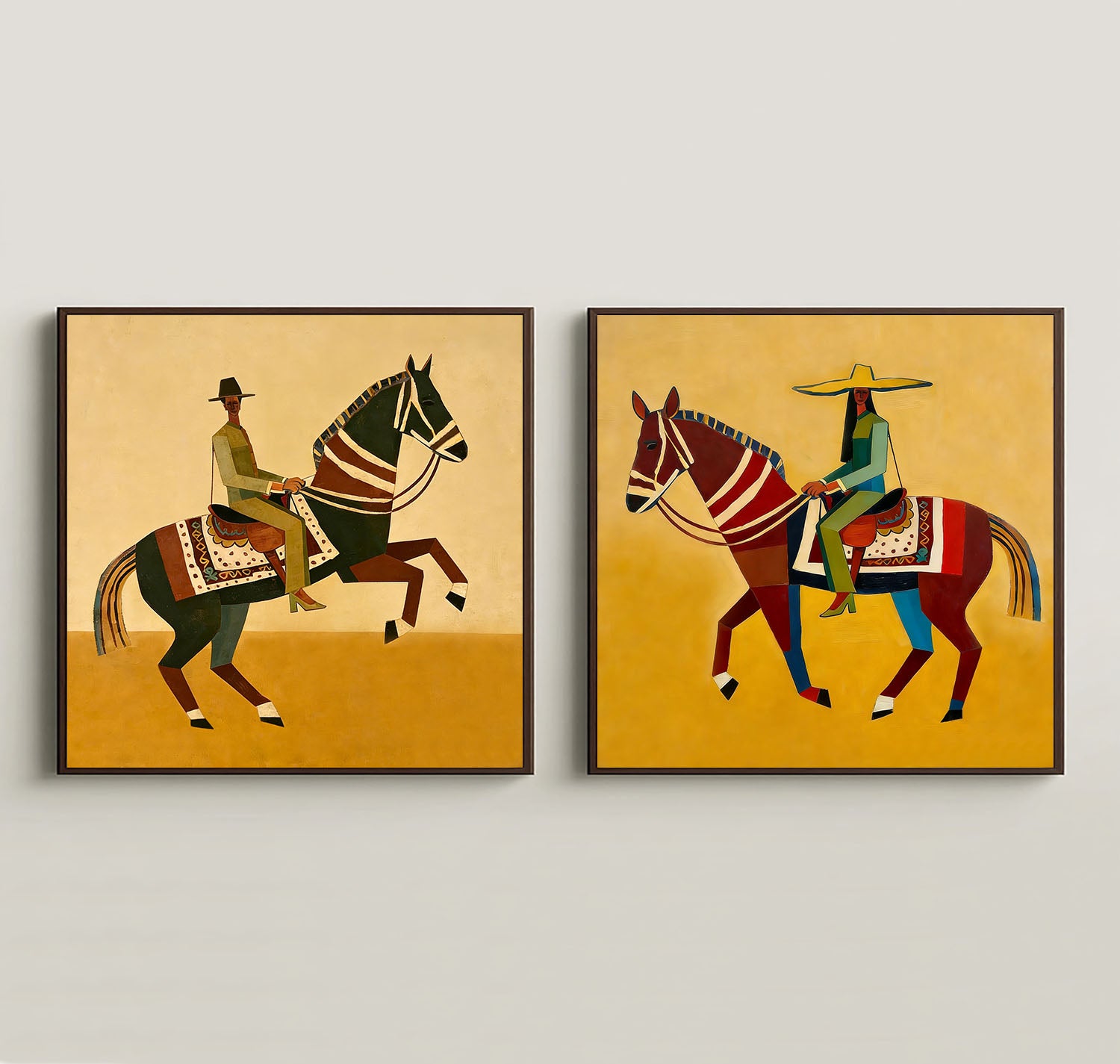 Set of 2 Abstract Colorful Equestrian Wall Art Vibrant Folk Art Horse & Rider Painting