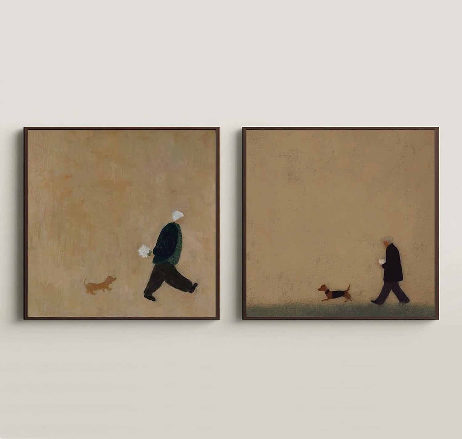 Modern Abstract Figures & Dog Canvas Art - Set of 2 Textured Oil Painting Earthy Tone Decor 