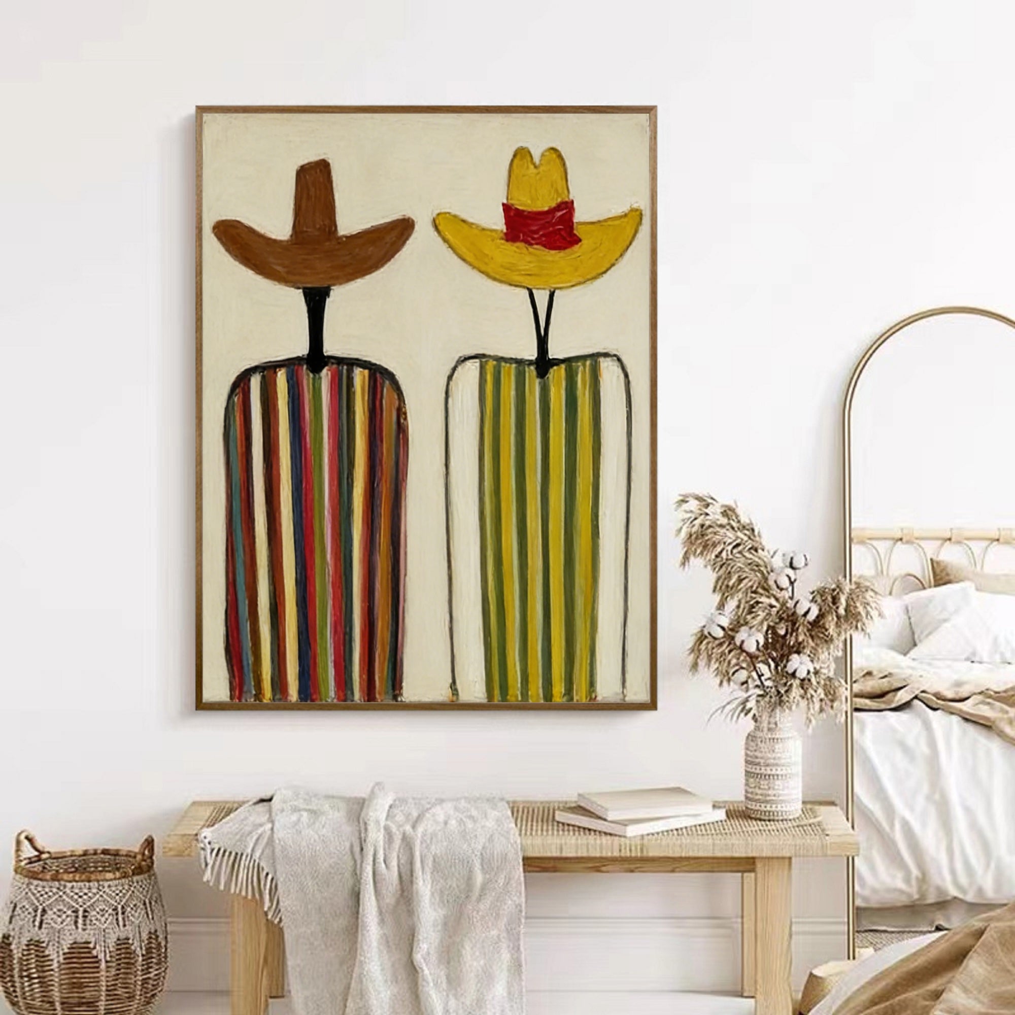 Modern Abstract Cowboy Oil Painting - Hand-Painted Minimalist Figures in Sombreros