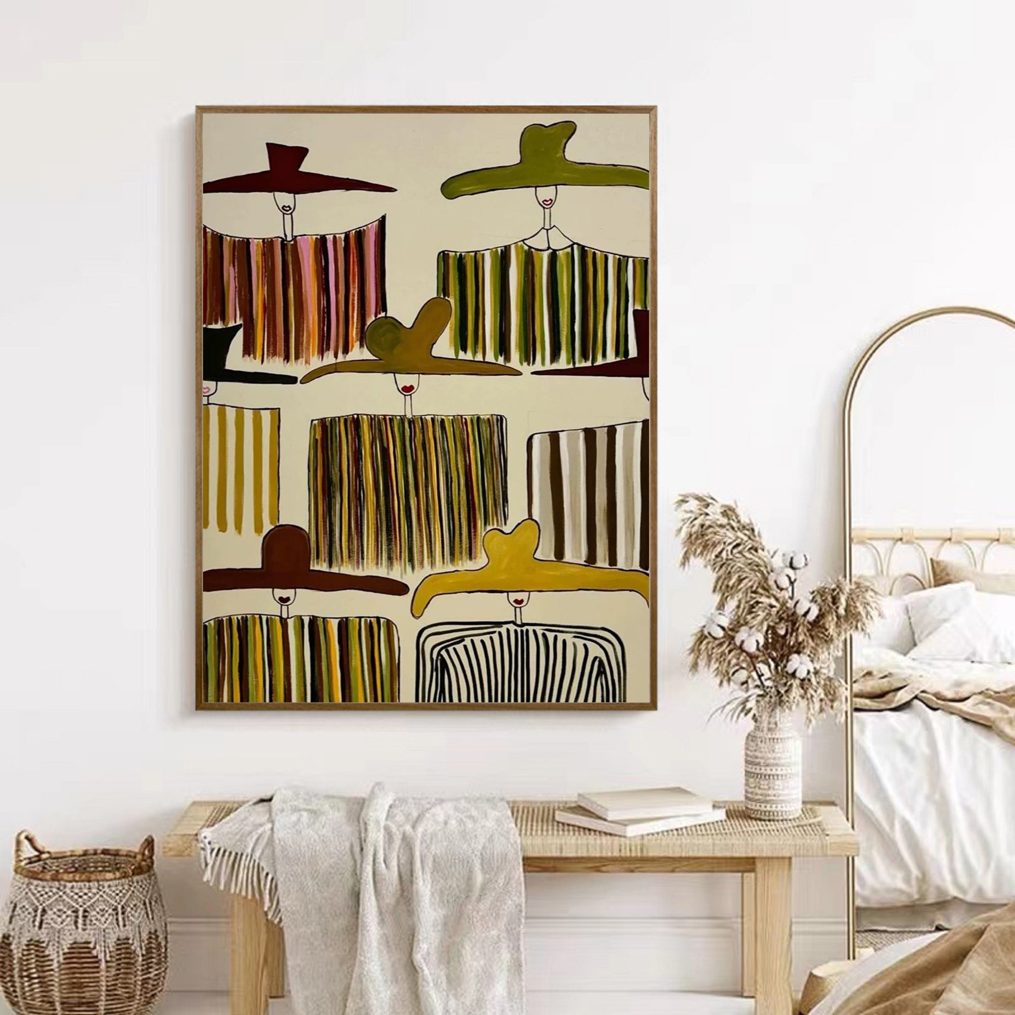 Hand-Painted Abstract Portrait Oil Painting - Modern Chic Women in Wide-Brimmed Hats