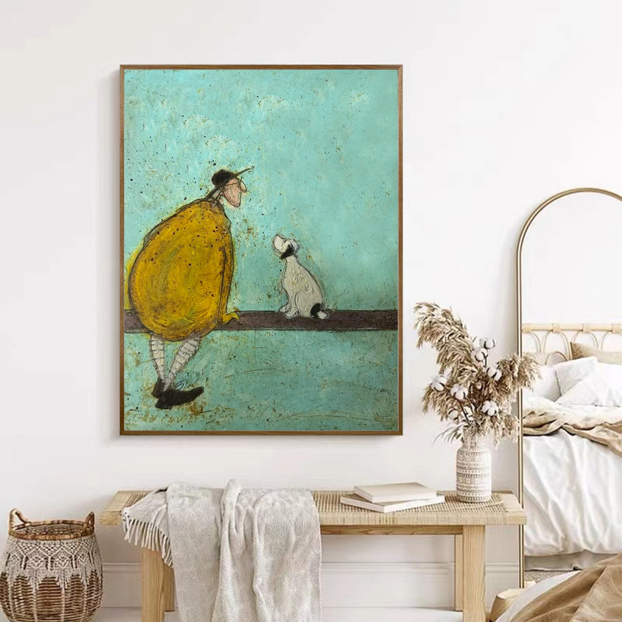 Whimsical Man and Loyal Dog Canvas Wall Art - Modern Minimalist Palette Knife Oil Painting for Living Room