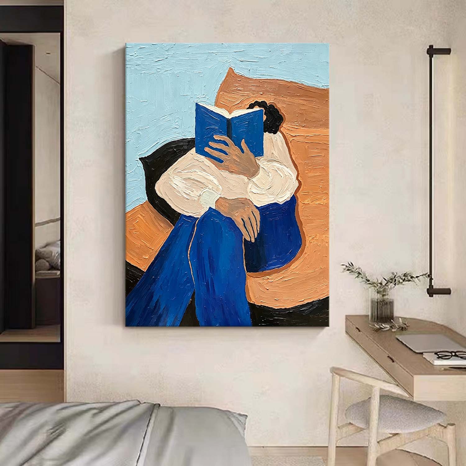 Thick Impasto Oil Painting Girl Reading Book, 3D Textured Modern Wall Art