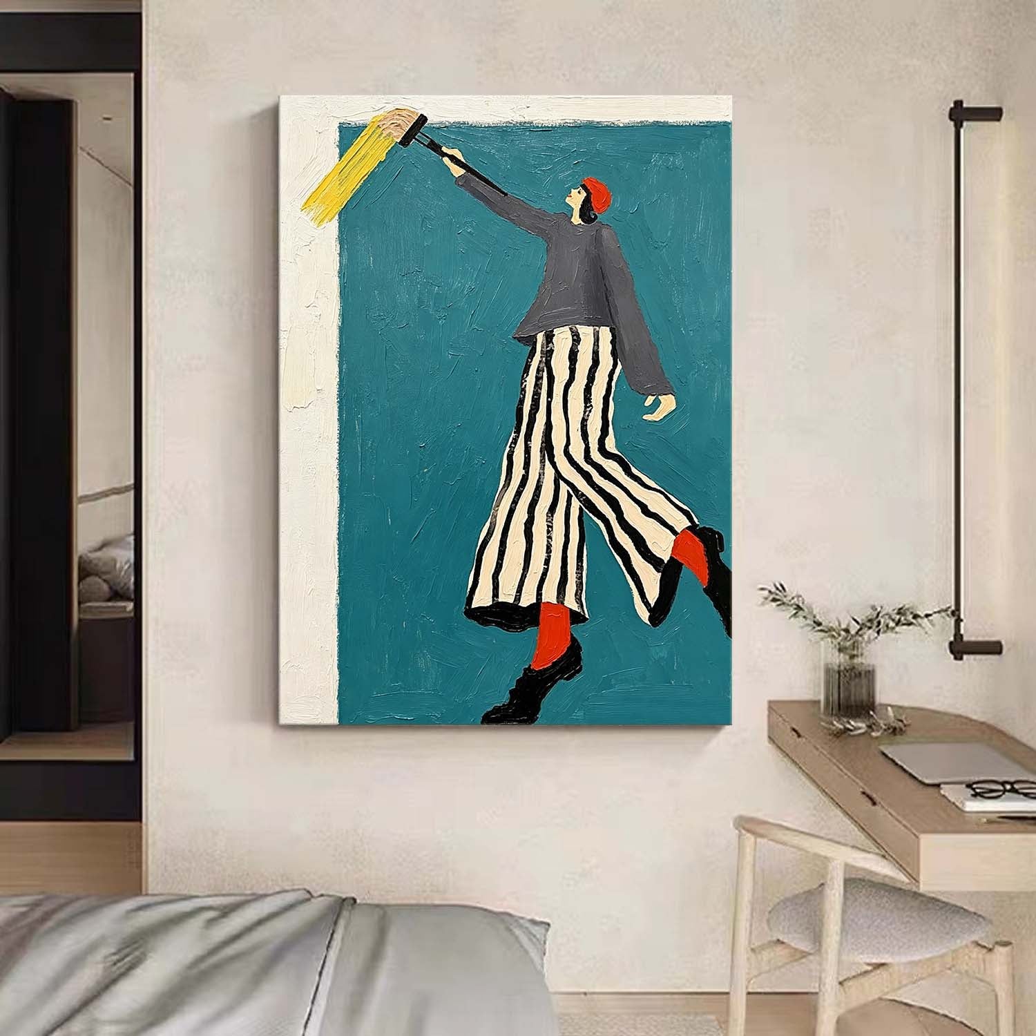 Modern Fashion Wall Art – Woman in Striped Skirt & Red Socks Canvas Painting – Chic Minimalist Home Decor, Stylish Canvas Artwork