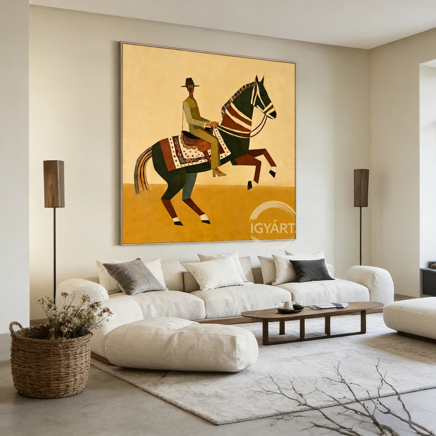 Modern folk art painting of a rider on a geometric horse with a yellow background