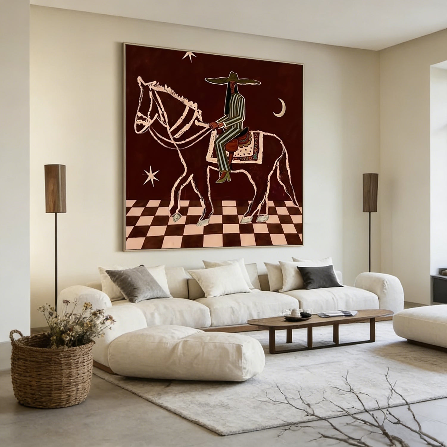 Earthy Tones Vintage Western Rider Wall Art Mid Century Modern Horse Painting