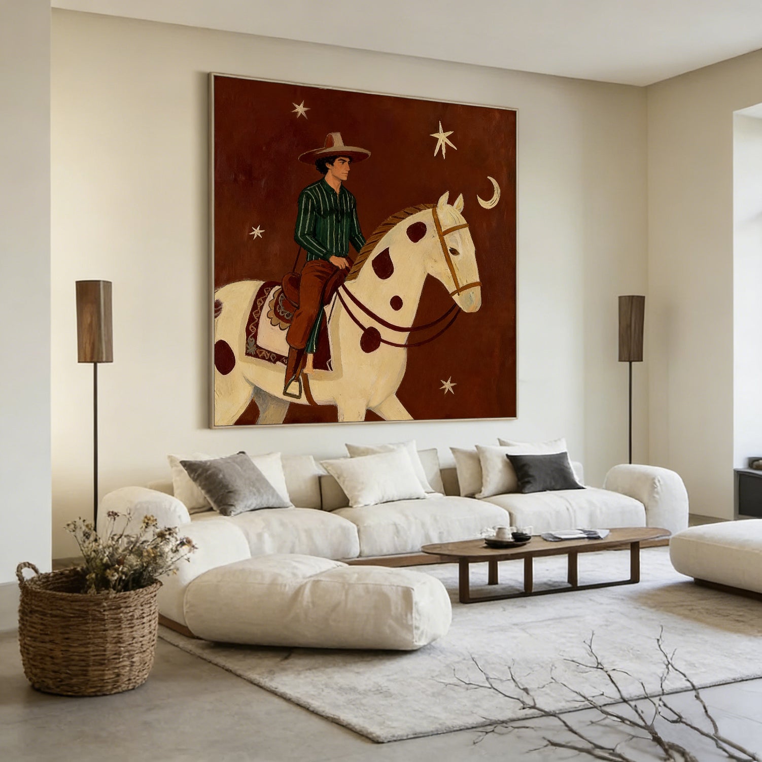 Man and Horse Art Equestrian Painting Mid Century Modern Horse Painting