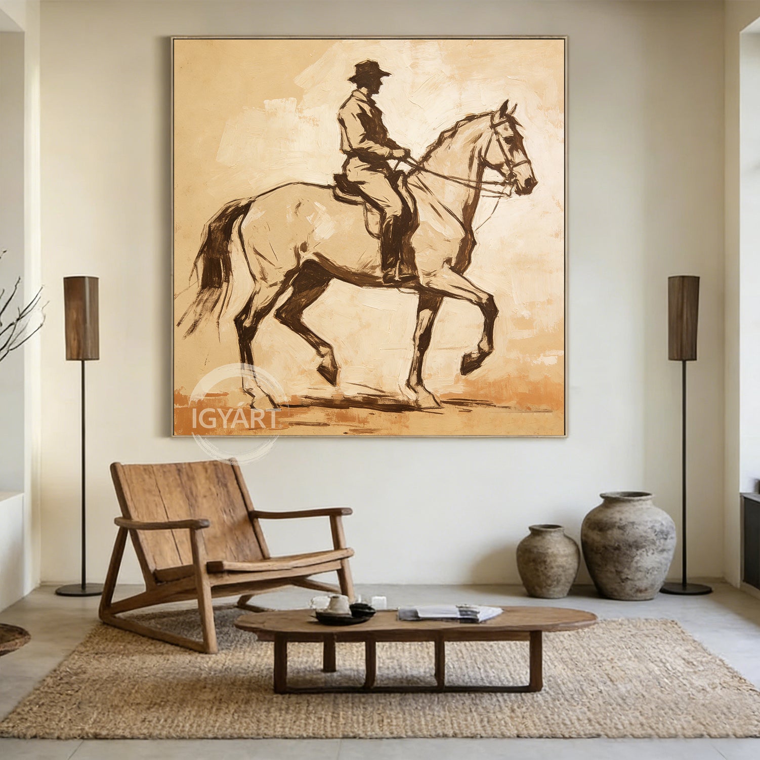 Vintage Style Equestrian Painting - Hand-painted Impressionist Horse & Rider