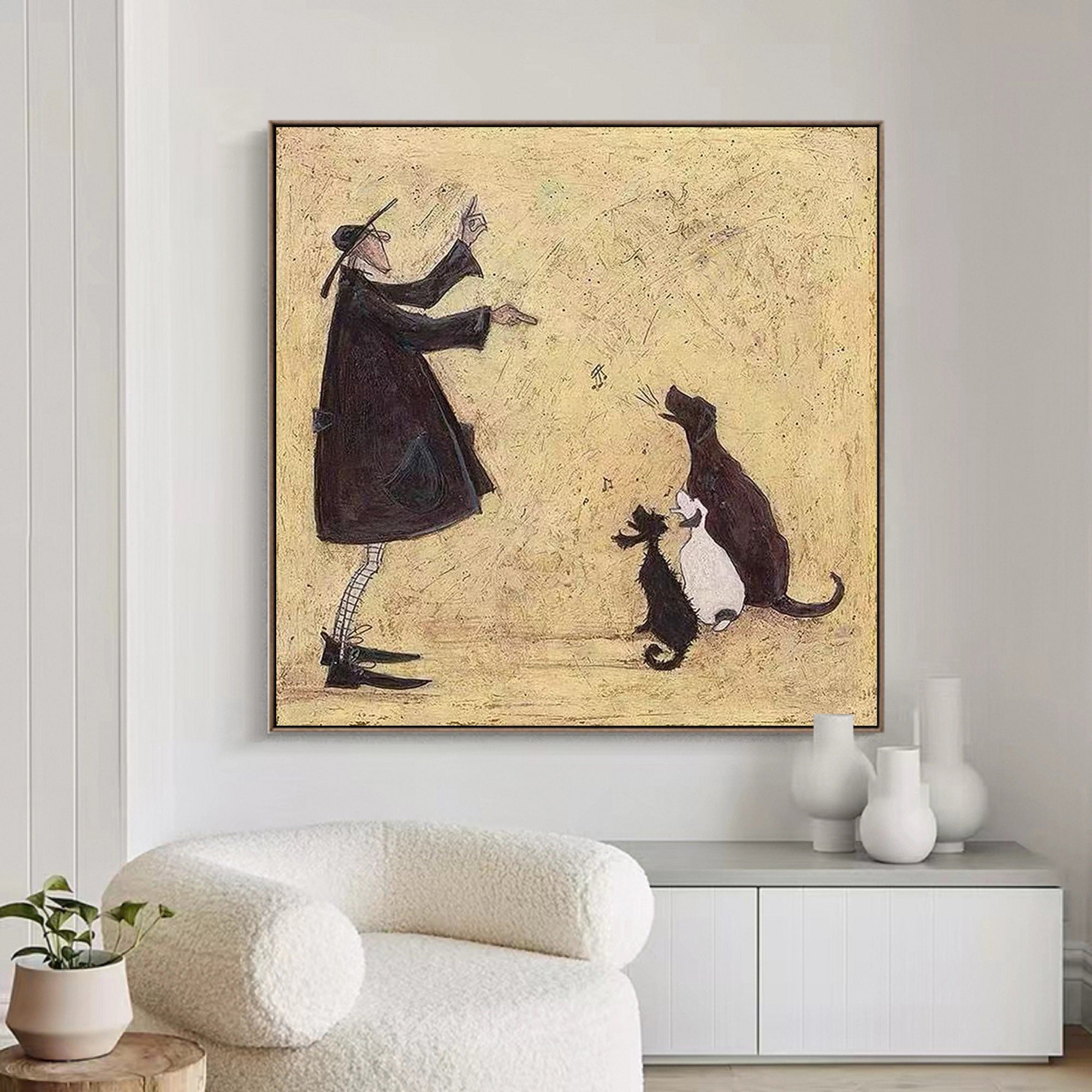 Funny Dog Lover Gift Man and Dog Art Vintage Folk Art Canvas Painting pet lover home decor