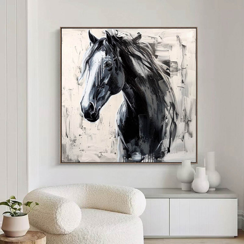 Personalized Gifts Horse oil painting, black horse painting, horse head painting Animal Painting