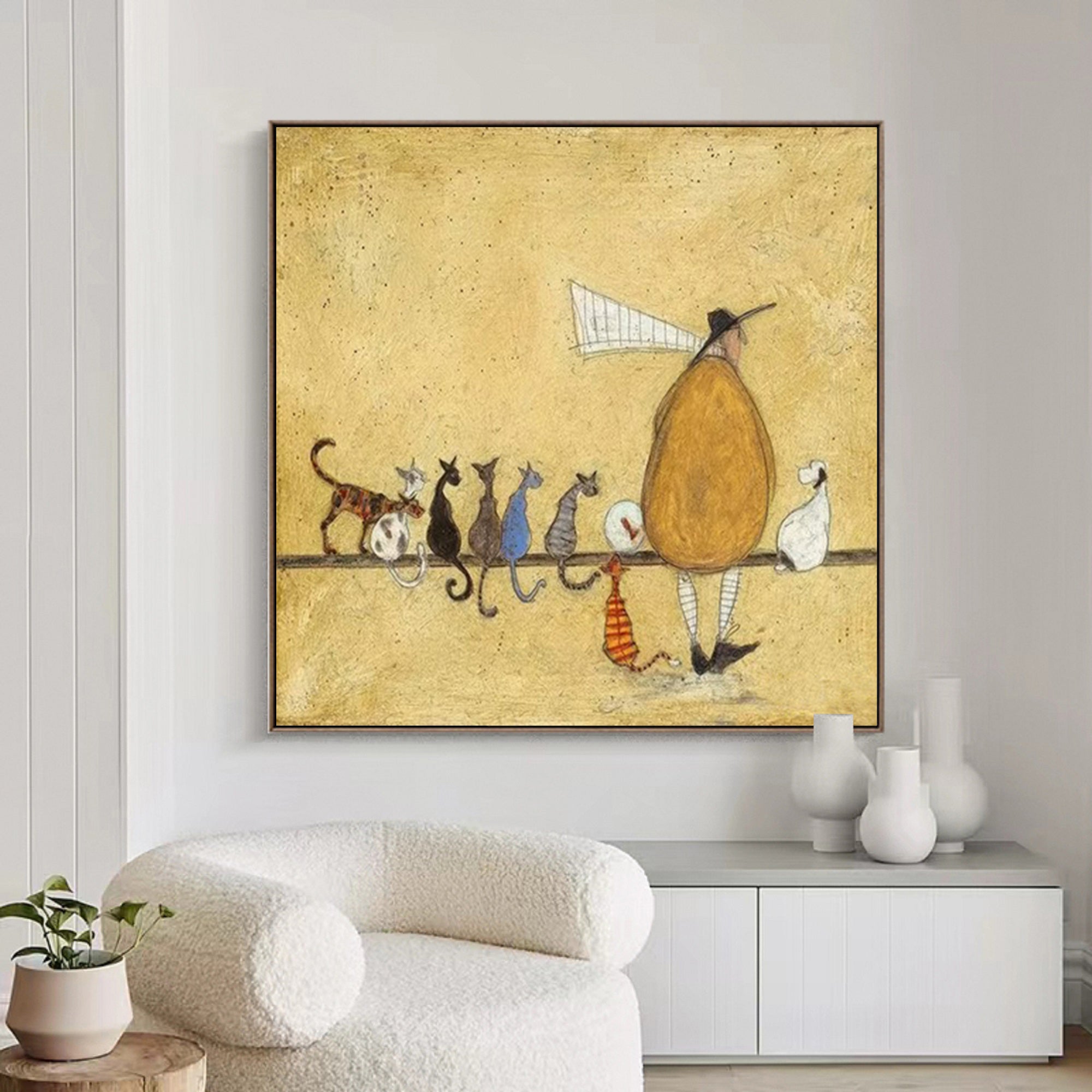 Hand Painted Whimsical Cat Lover Wall Art, Vintage Rustic Multiple Cats Painting