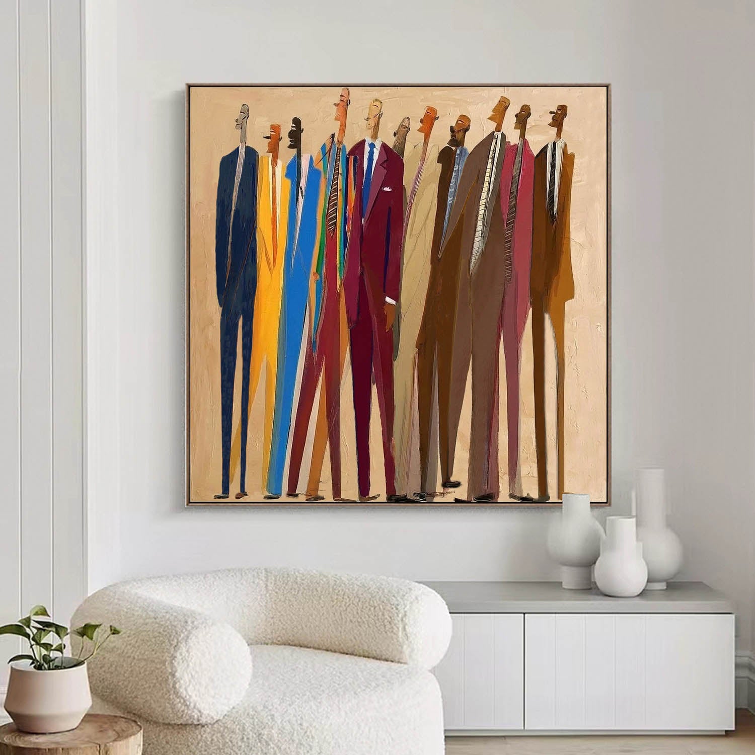 Abstract Portrait Painting -Hand-Painted  Figures in Suits for Office & Living Room Decor