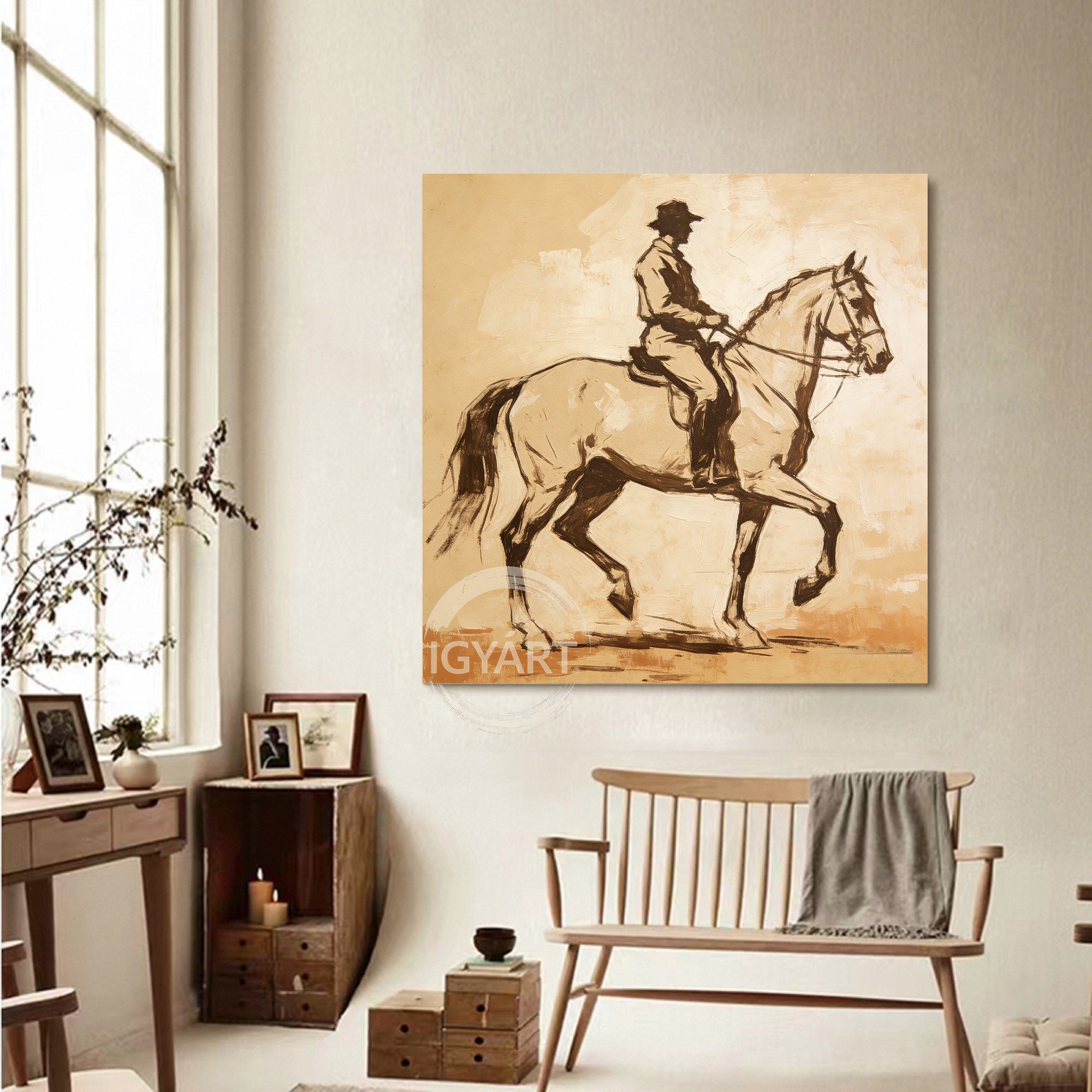 Vintage Style Equestrian Painting - Hand-painted Impressionist Horse & Rider