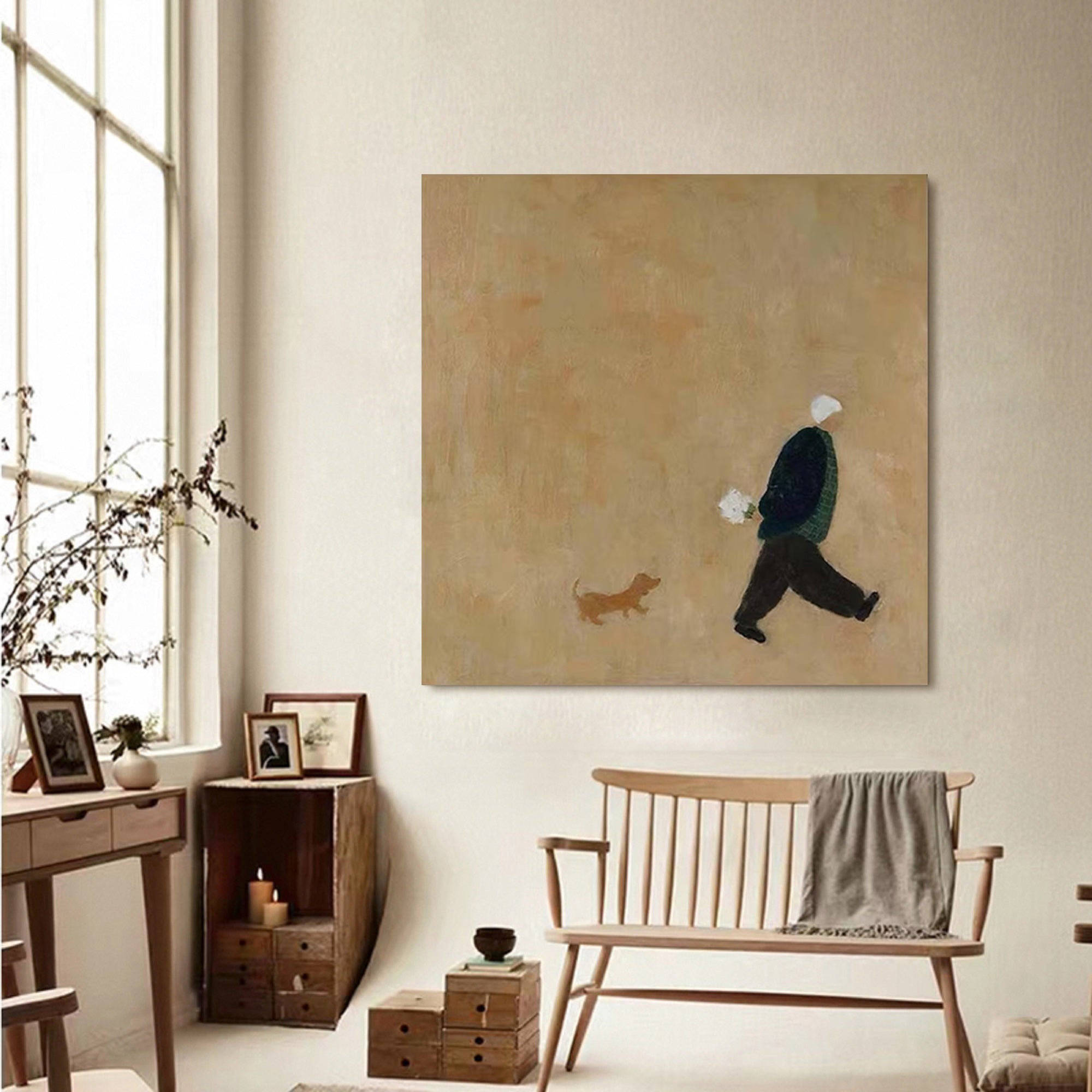 Old man walking with puppy Oil Painting Brown Hand-Painted Canvas Art 