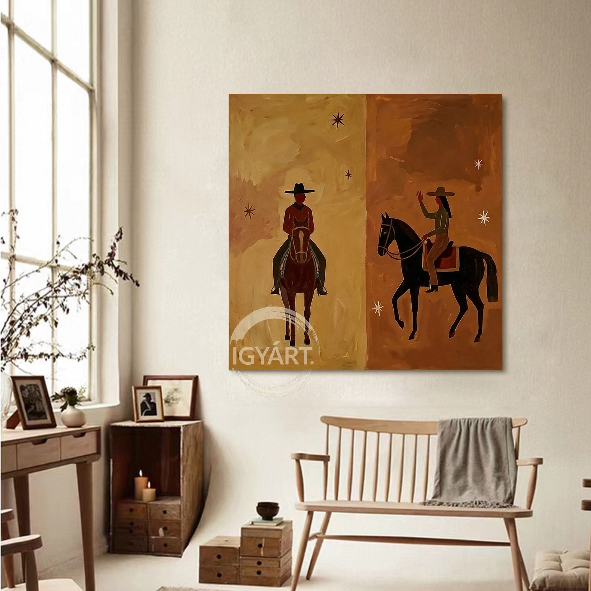 Hand-painted oil painting of a cowboy and cowgirl facing each other on horseback, split background in tan and brown with minimalist stars, Southwestern modern art style.