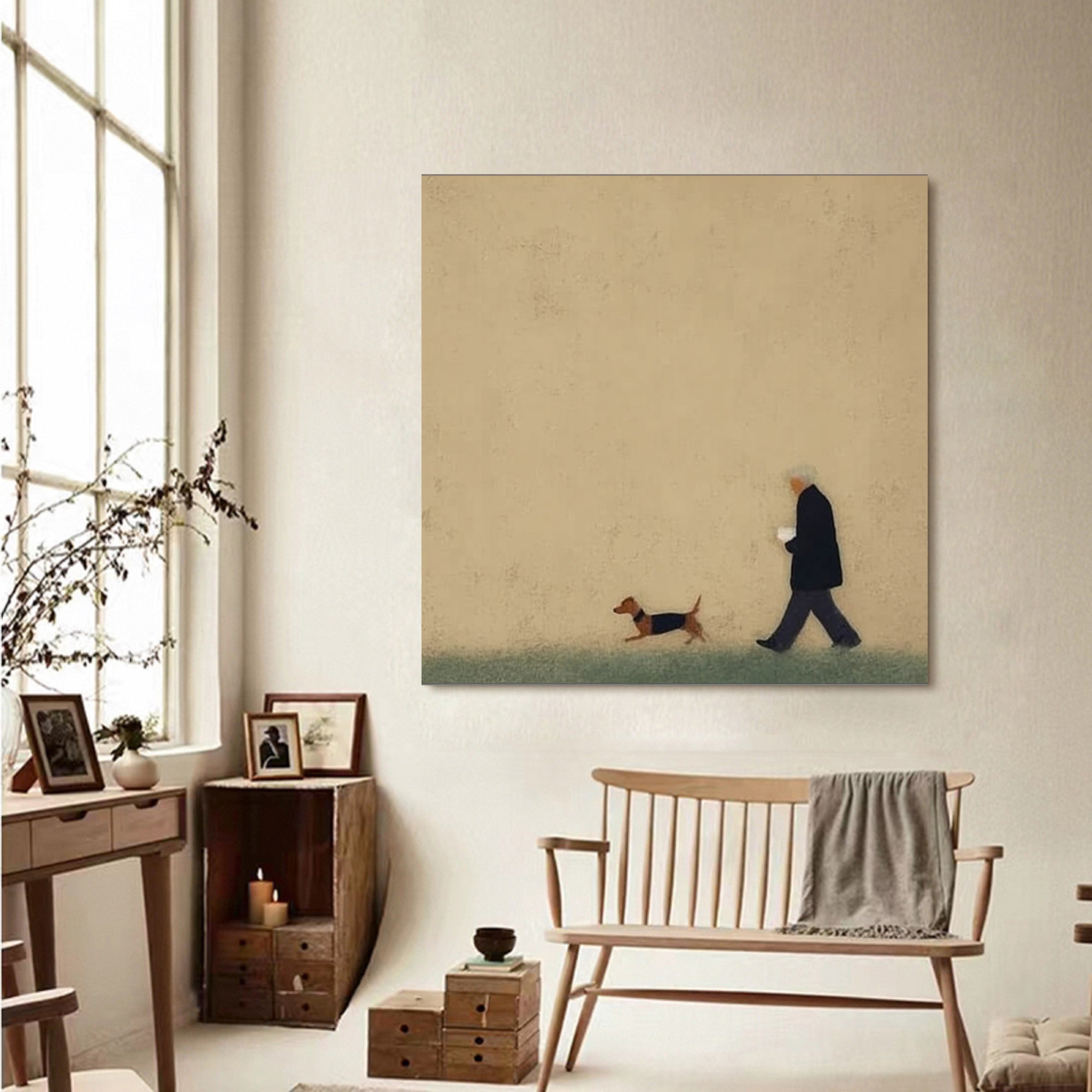 Man and puppy walking Oil Painting Brown Hand-Painted Canvas Art 