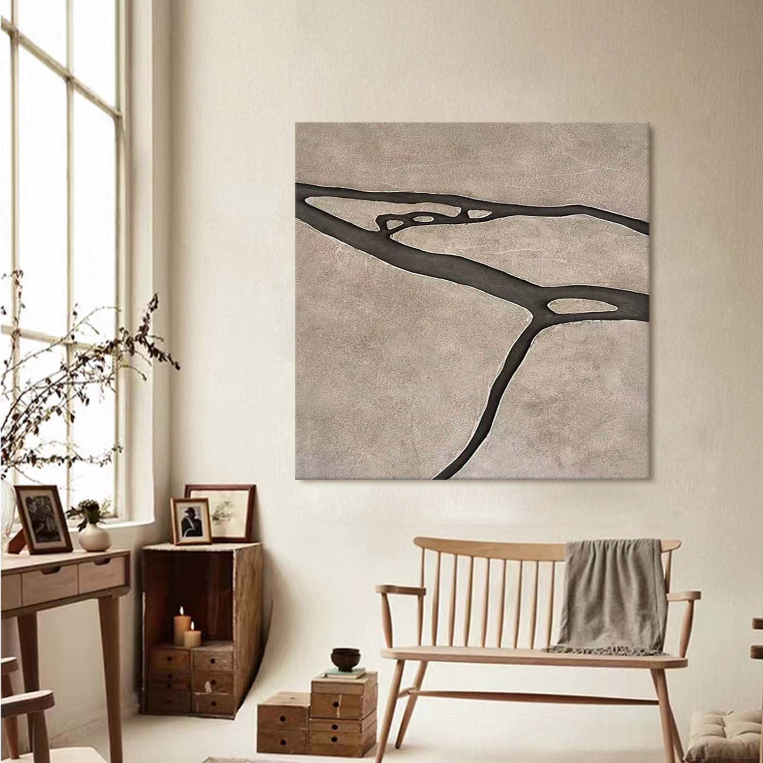 Earth Tone Japandi style 3D Wood Wall Art Wabi-Sabi River Relief for Living Room