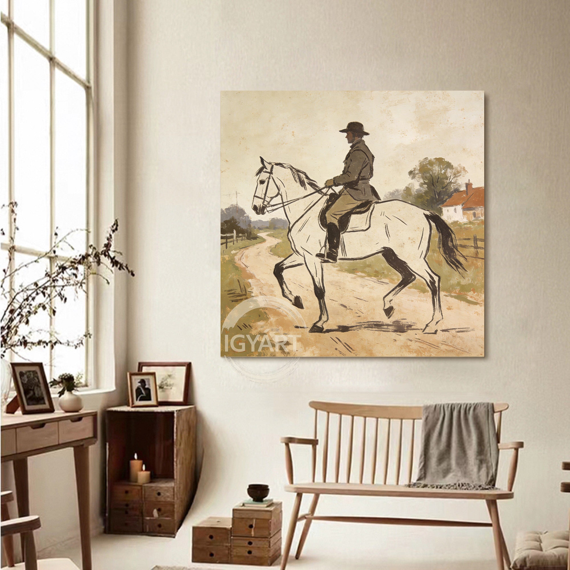 Rustic Farmhouse Wall Art - Hand-painted Impressionist Horse & Rider