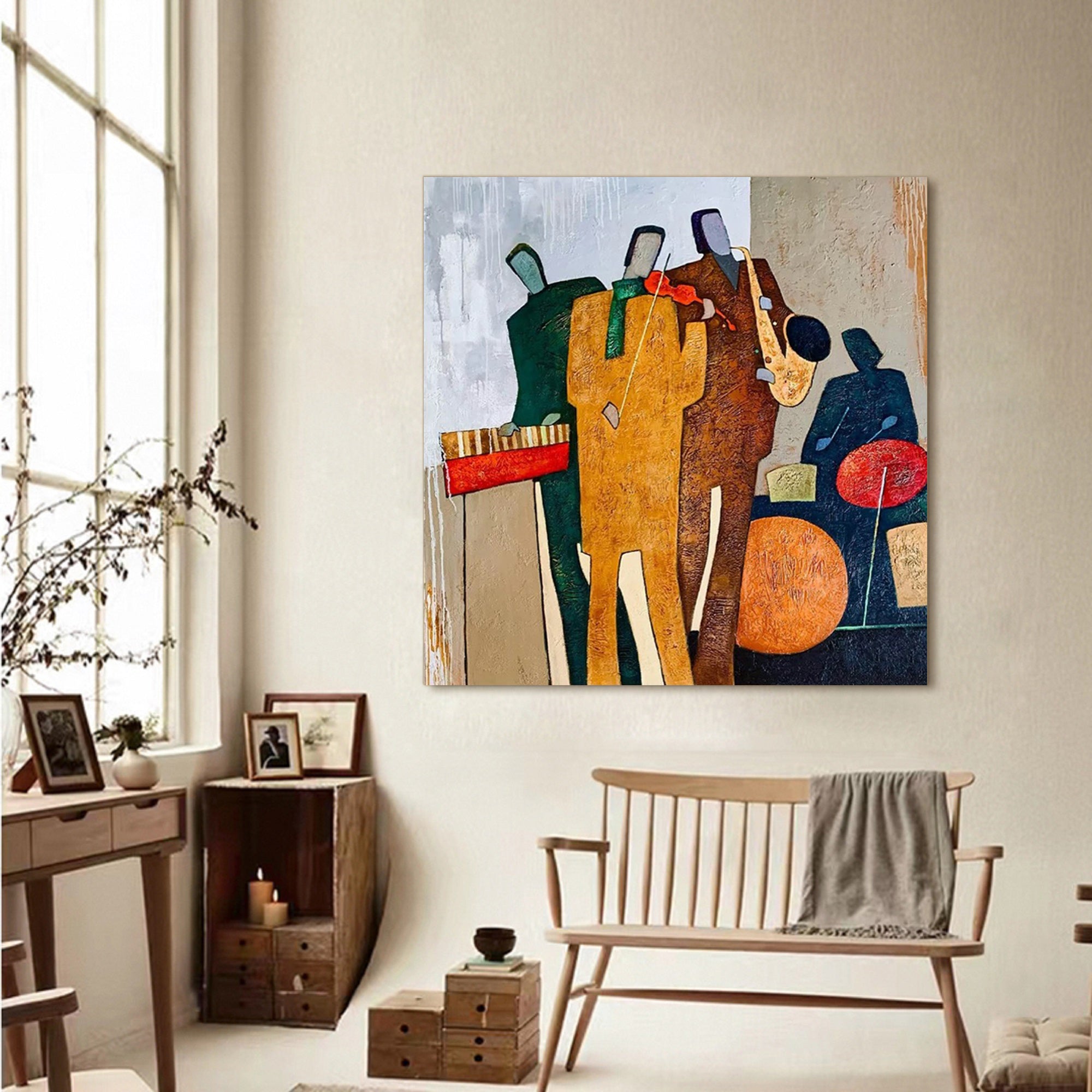 Mid-Century Modern Jazz Band Palette Knife Oil Painting - Abstract Musicians Wall Art