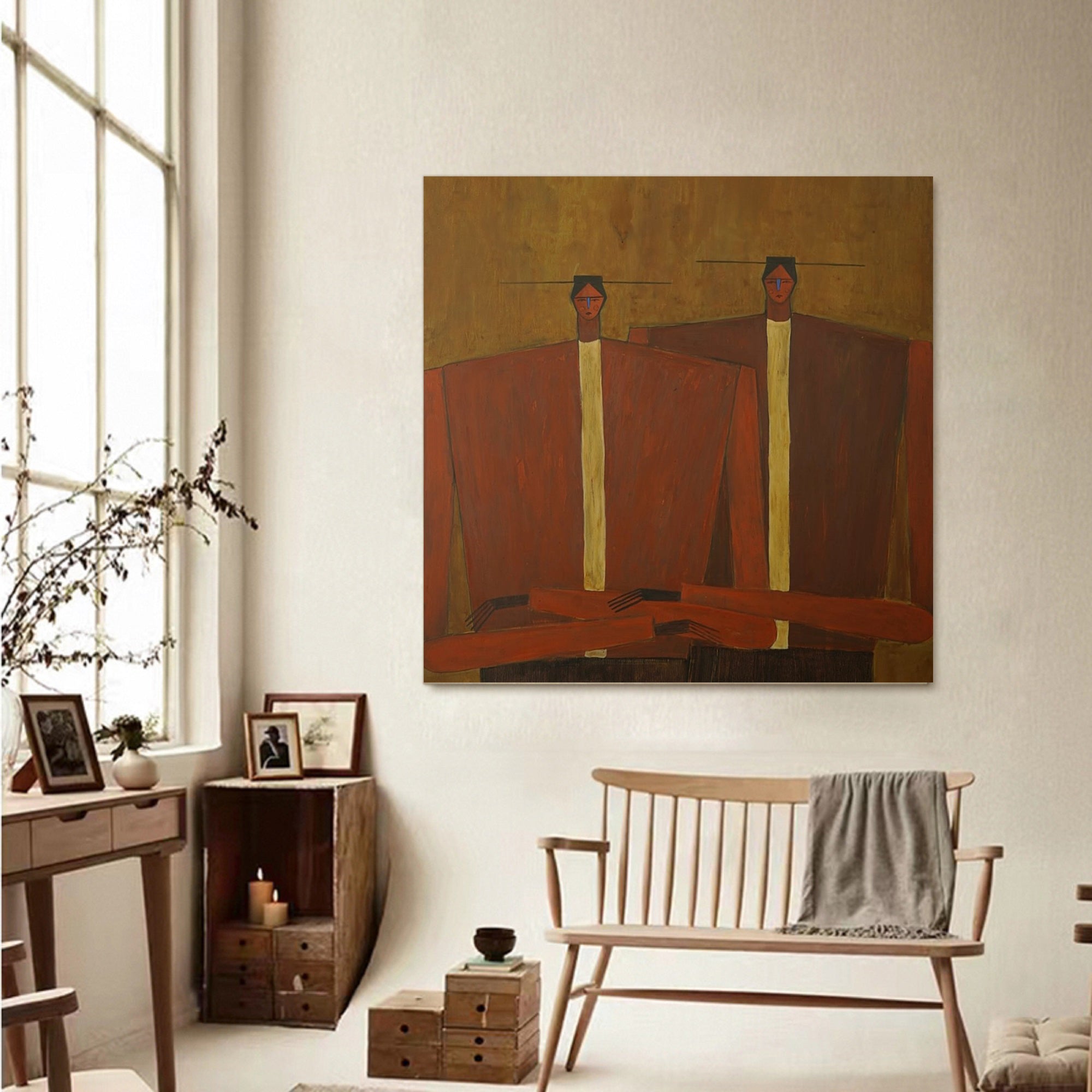 Earth-Toned Abstract Figurative Painting - Modern Folk Art Style Decor