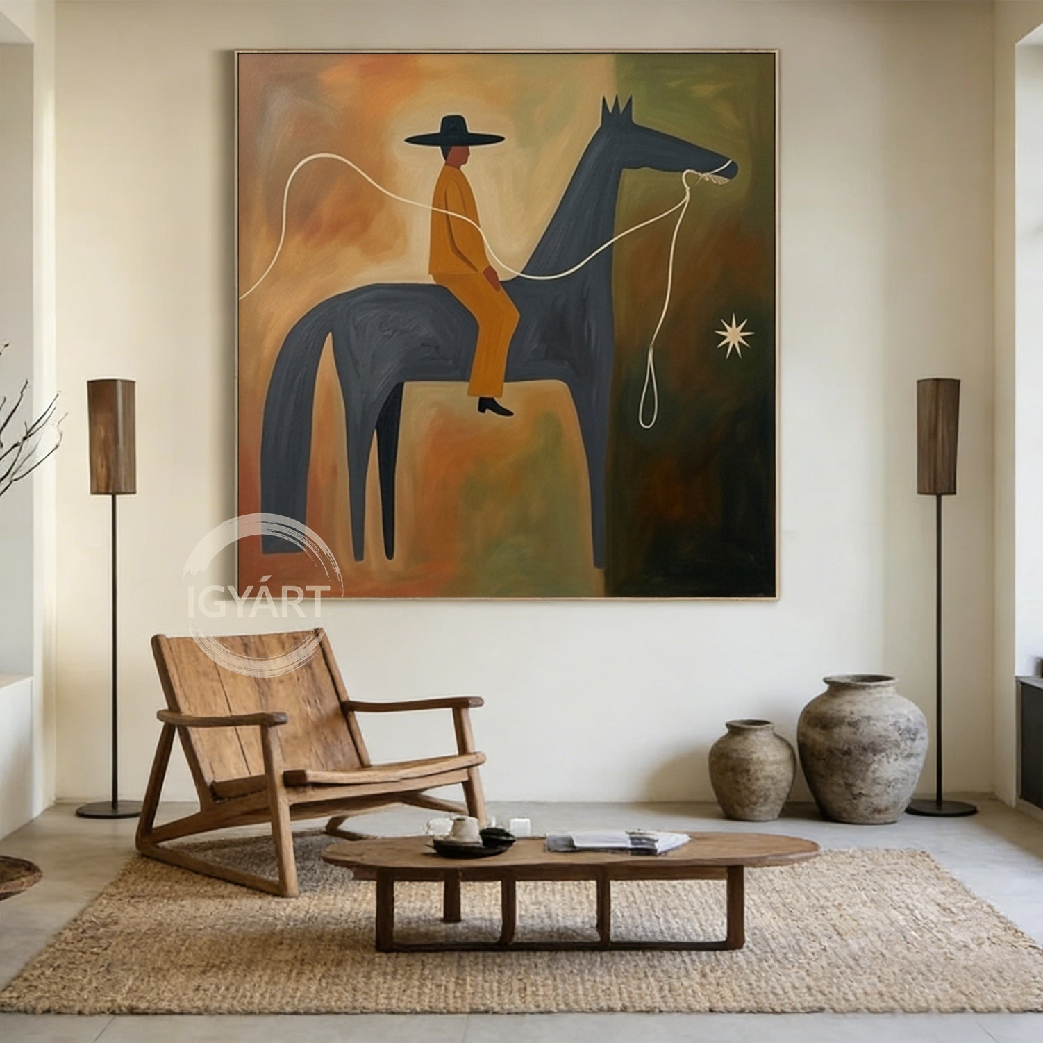 Earth Tone Modern Folk Art Horse Rider Oil Painting Mid-century Modern Art