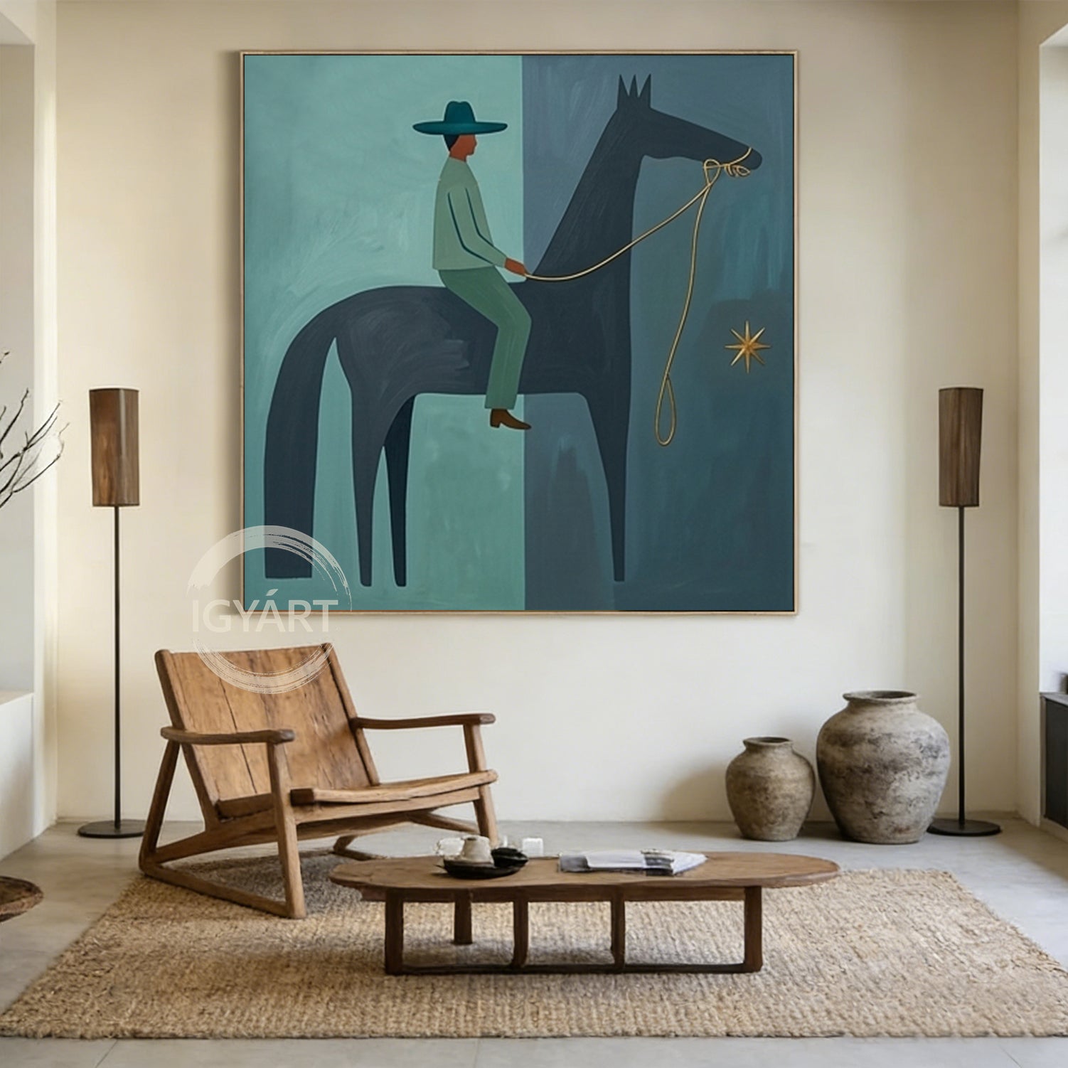 Modern Folk Art Horse Rider Painting Mid-century Modern Art Painting